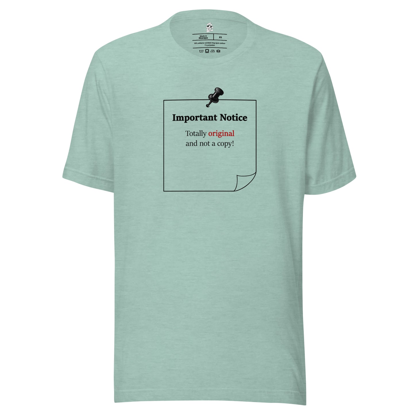 Heather prism dusty blue unisex inspirational slogan T-shirt featuring pushpin graphic and pinned note with quote “Totally original and not a copy.”