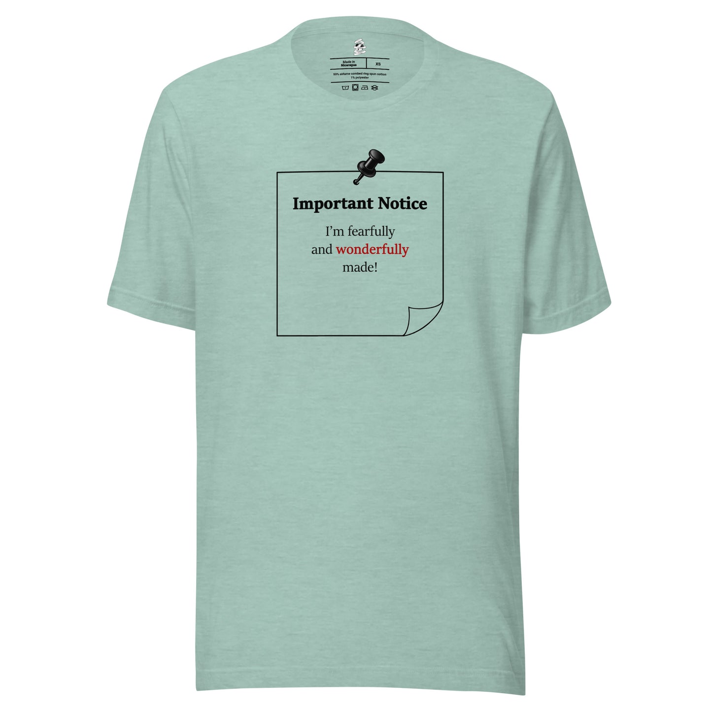 Heather prism dusty blue unisex inspirational slogan T-shirt featuring pushpin graphic and pinned note with quote “I am fearfully and wonderfully made.”