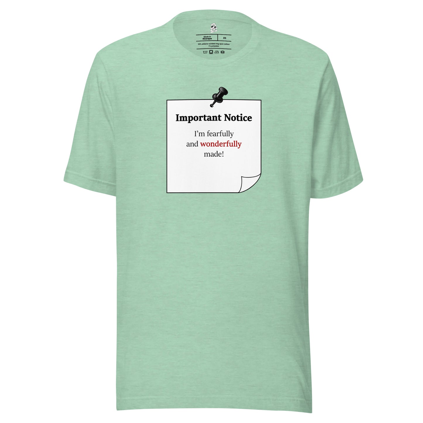 Heather prism mint unisex motivational slogan T-shirt featuring pushpin graphic and pinned note with quote “Important Notice: “I am fearfully and wonderfully made, highlighting “wonderfully” In red.