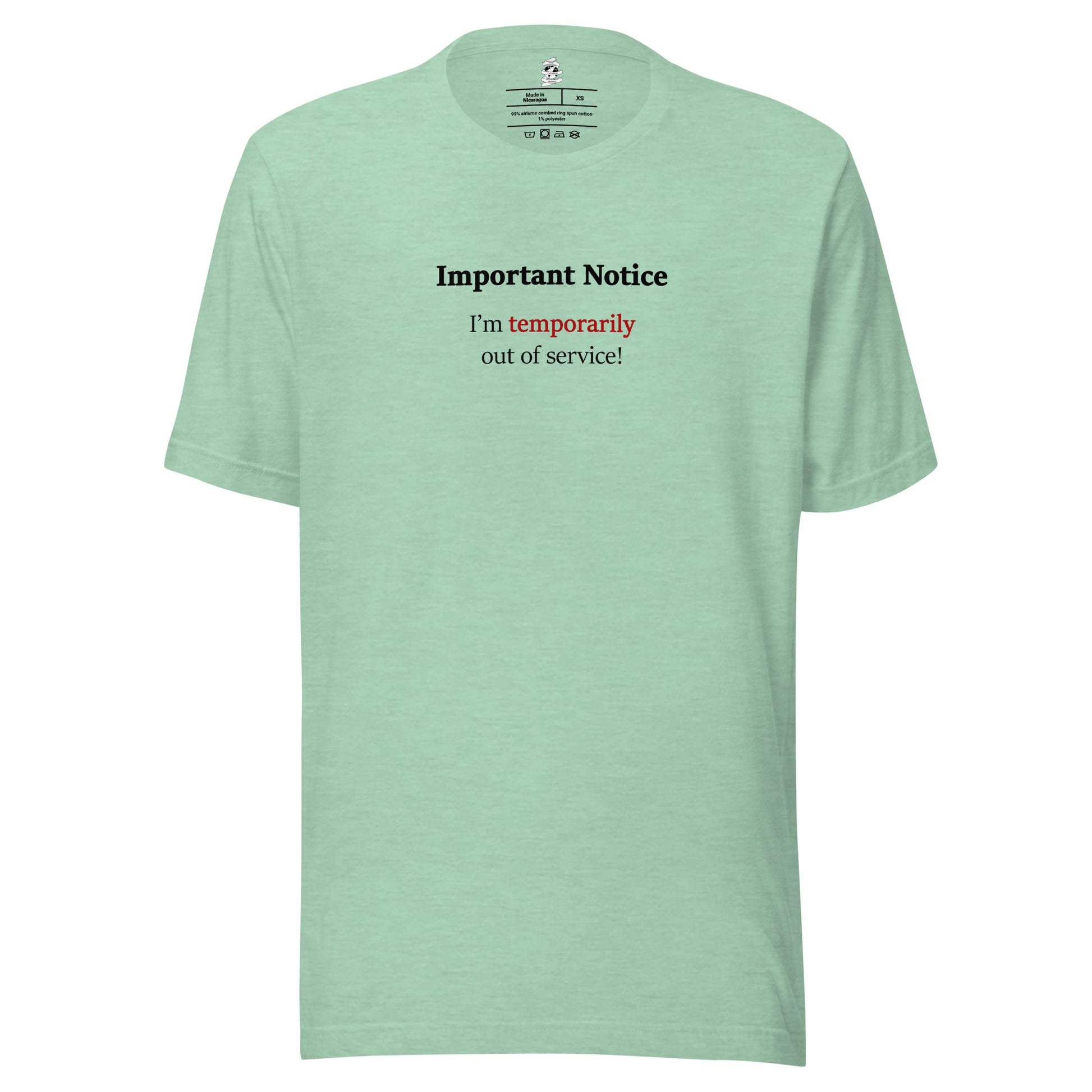 Heather prism mint unisex novelty slogan T-shirt featuring the text quote “I’m temporarily out of service with the word" "temporarily" .highlighted in red. 