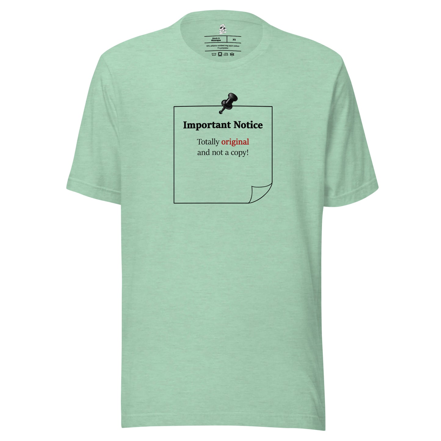 Heather prism mint inspirational slogan T-shirt featuring pushpin graphic and pinned note with quote “Totally original and not a copy".