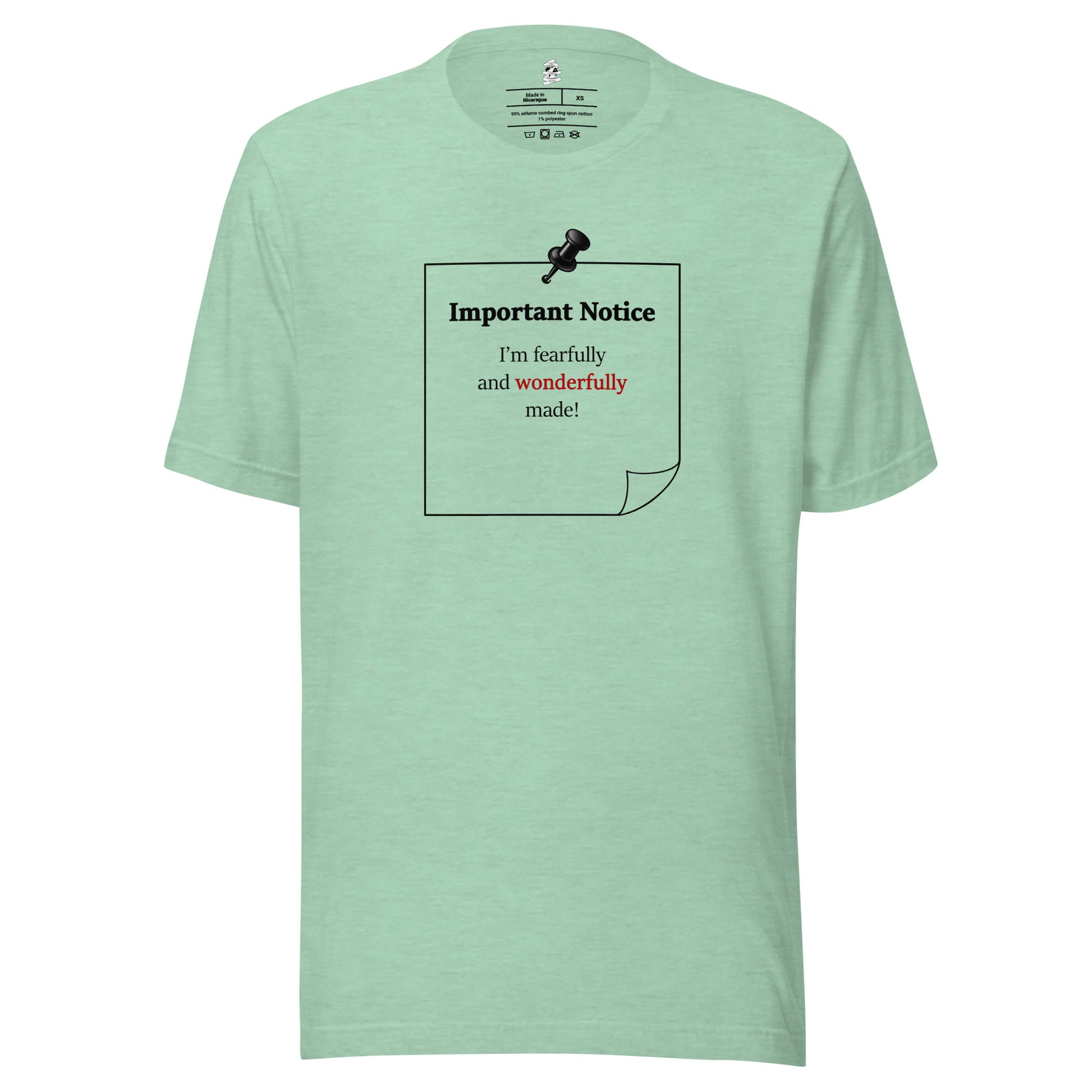 Heather prism mint unisex inspirational slogan T-shirt featuring pushpin graphic and pinned note with quote “I am fearfully and wonderfully made.”