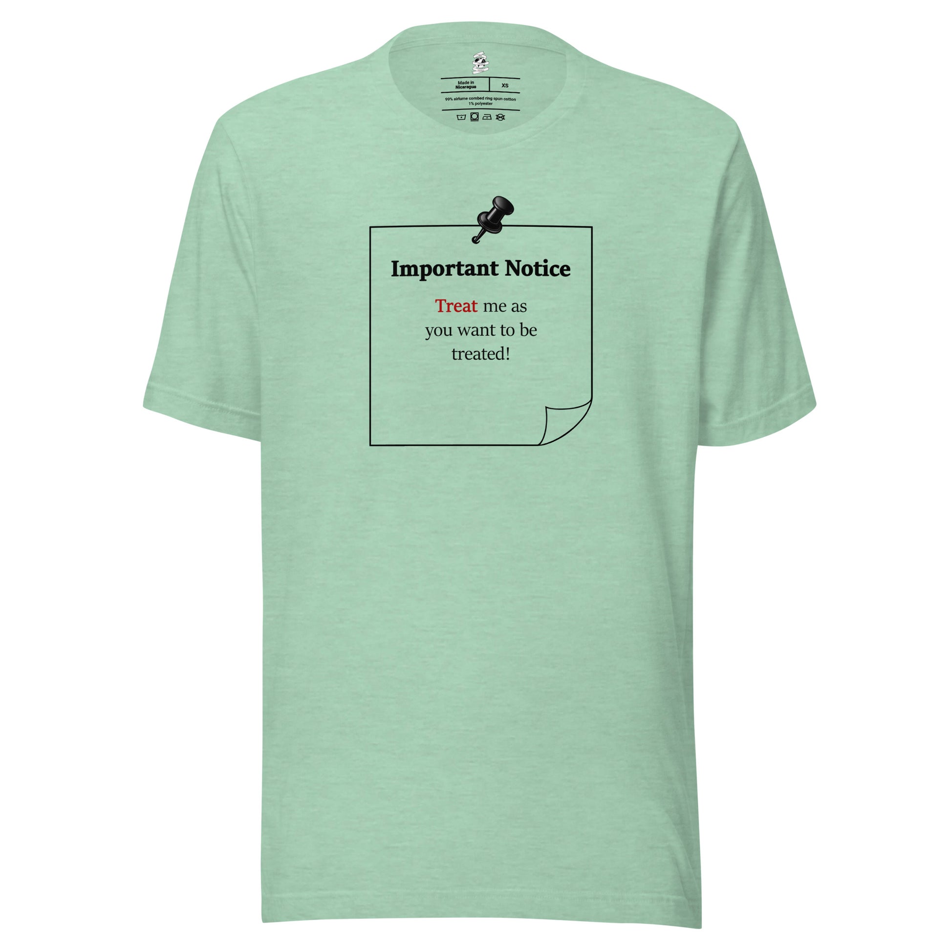 Heather prism mint unisex inspirational slogan T-shirt featuring pushpin graphic and pinned note with quote “Treat me as you want to be treated.”