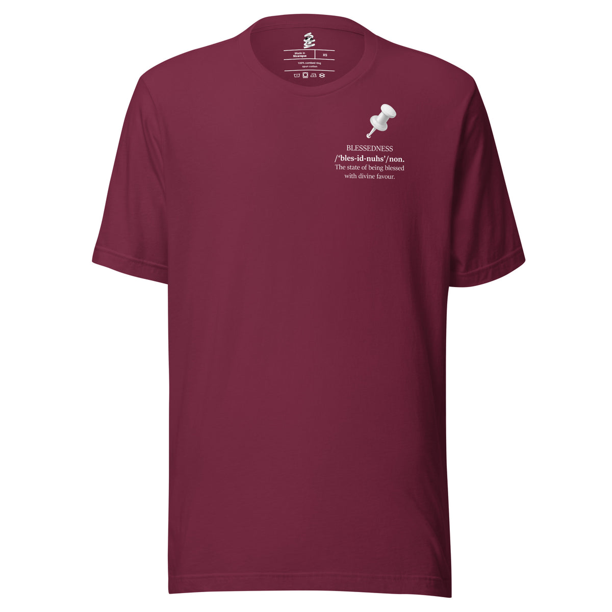 Maroon blessedness men’s inspirational T-shirt with push-pin chest graphic