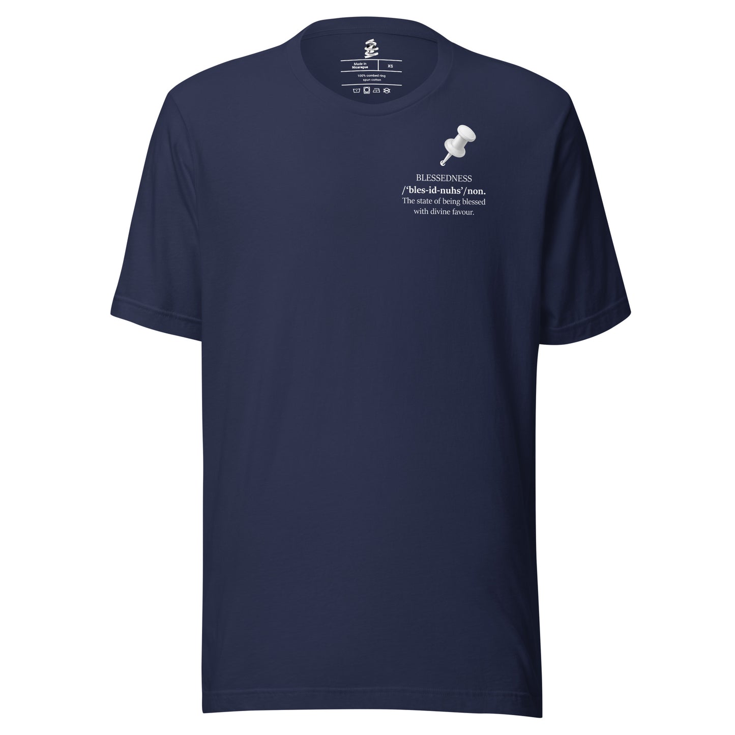 Navy unisex inspirational statement T-shirt featuring pushpin graphic design with the message “Blessedness – The state of being blessed with divine favour.”