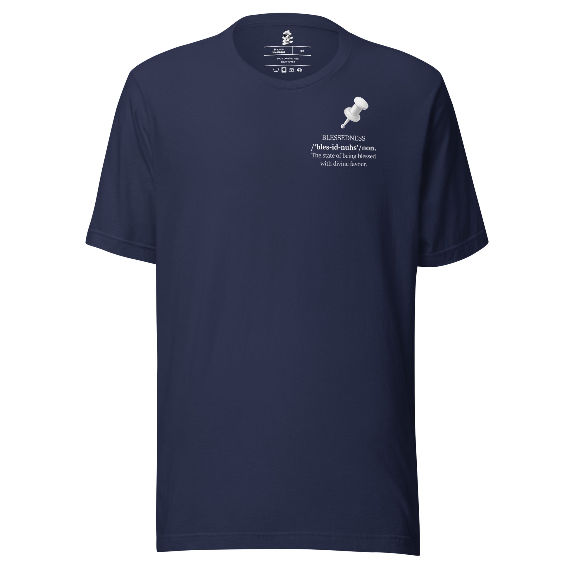 Navy unisex inspirational statement T-shirt featuring pushpin graphic design with the message “Blessedness – The state of being blessed with divine favour.”