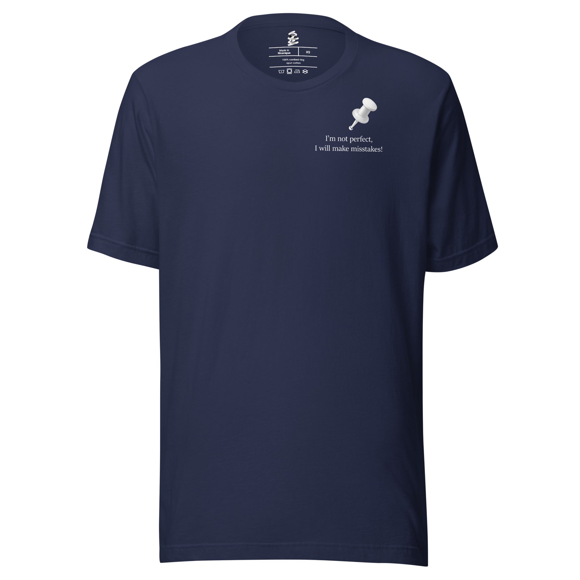 Navy unisex inspirational slogan T-shirt featuring pushpin graphic design with quote “Important Notice: I’m not perfect, I will make mistakes.”