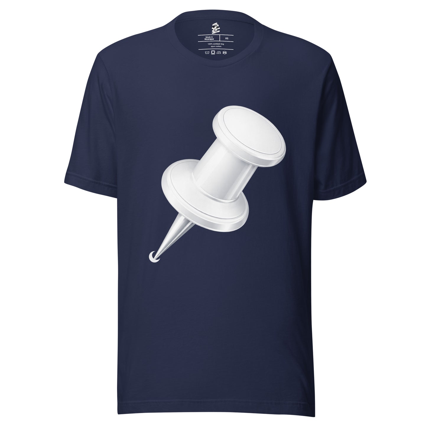 Navy unisex cotton crew neck t-shirt featuring minimalist white drawing pin graphic centred on chest
