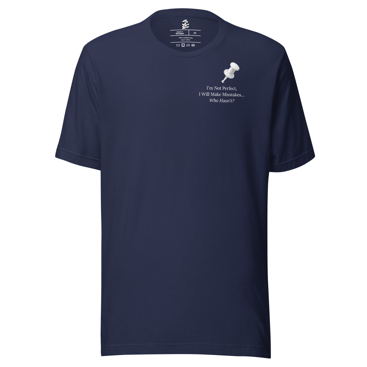 Navy unisex inspirational slogan T-shirt featuring pushpin graphic design with quote “Important Notice: I’m not perfect, I will make mistakes.”