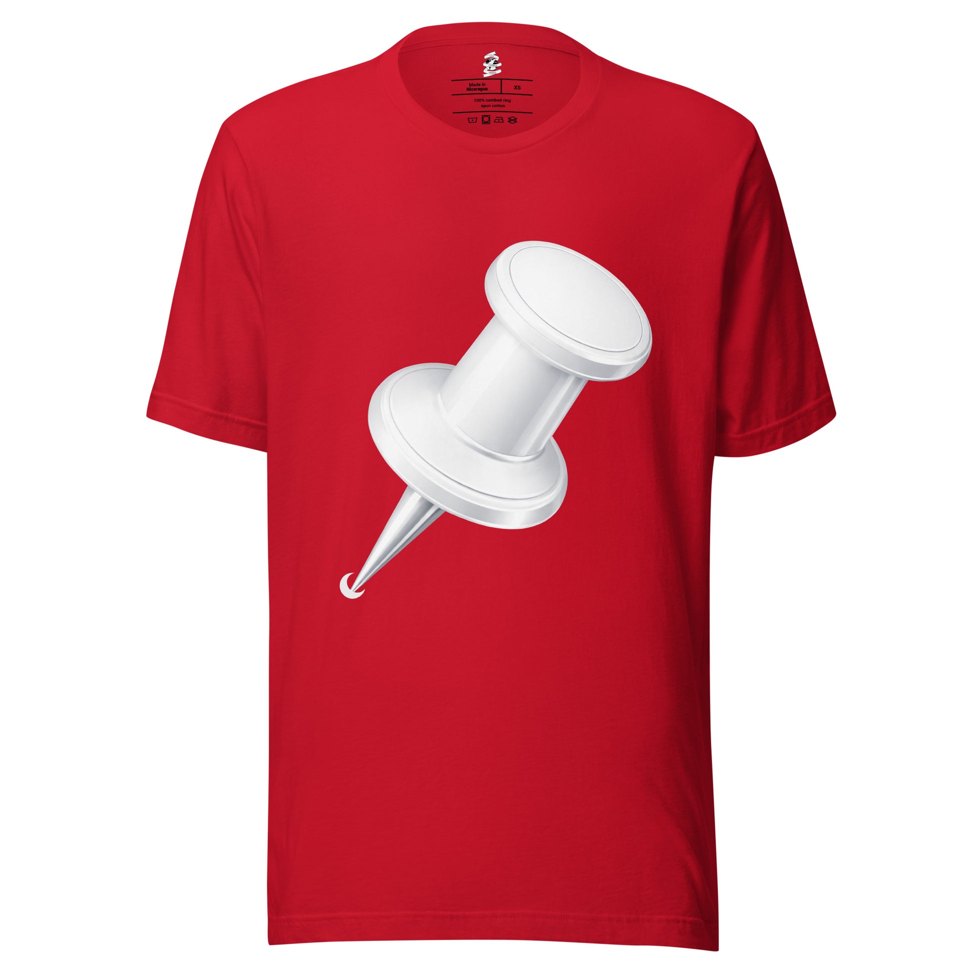 Red unisex cotton crew neck t-shirt featuring minimalist white drawing pin graphic centred on chest