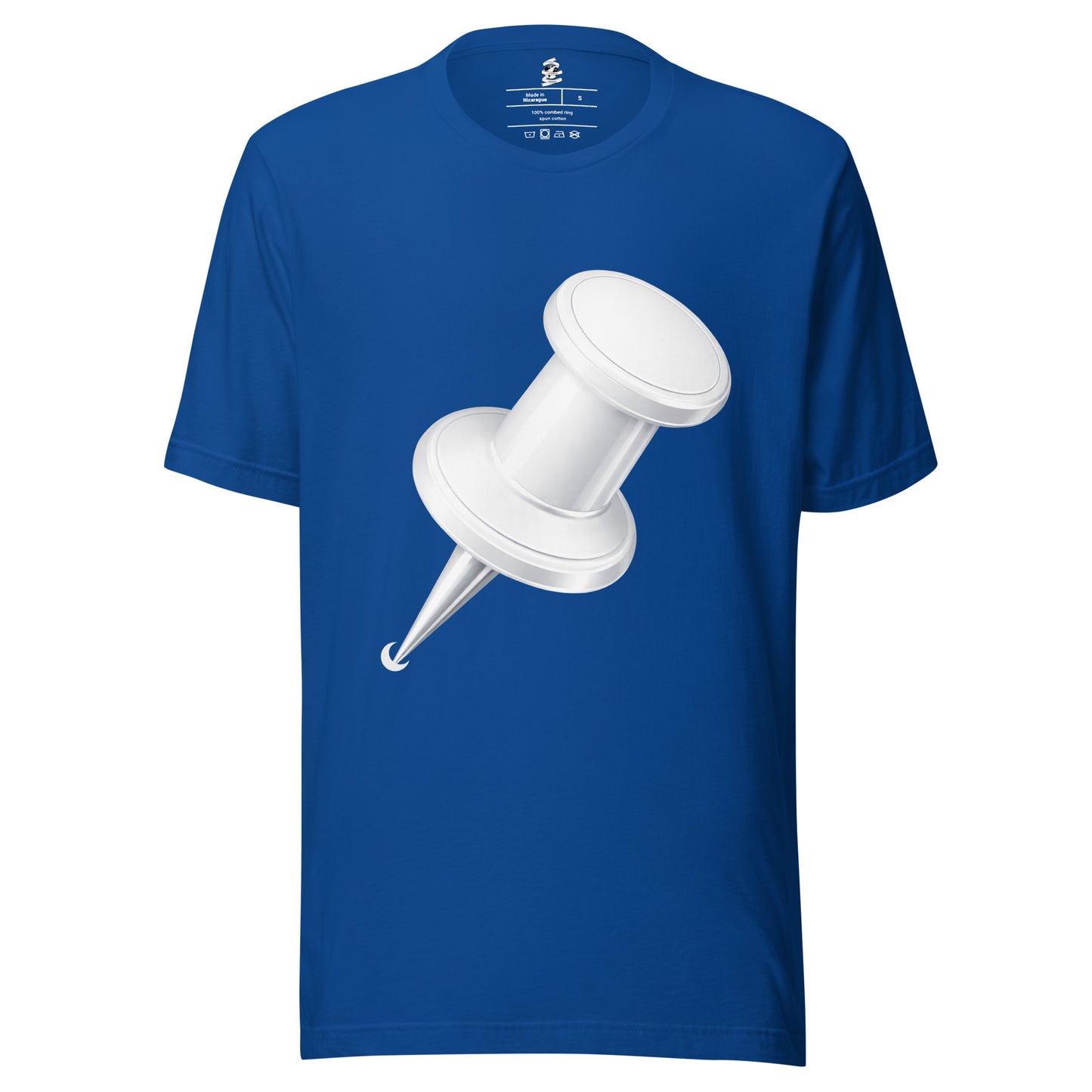 True royal blue unisex cotton crew neck t-shirt featuring minimalist white drawing pin graphic centred on chest