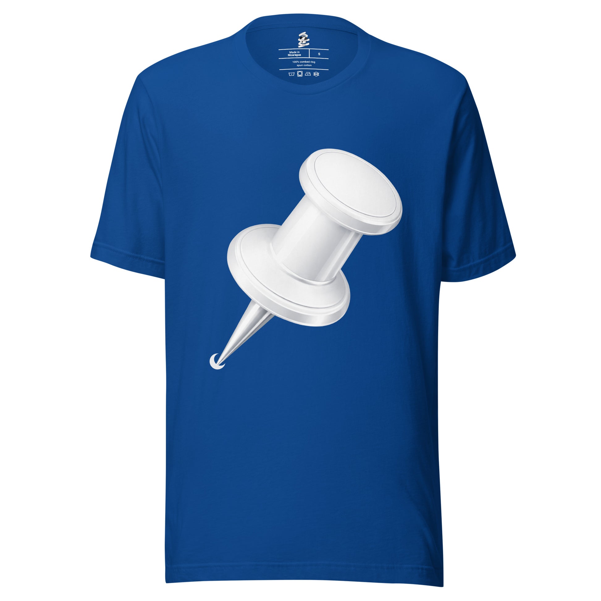 True royal blue unisex cotton crew neck t-shirt featuring minimalist white drawing pin graphic centred on chest