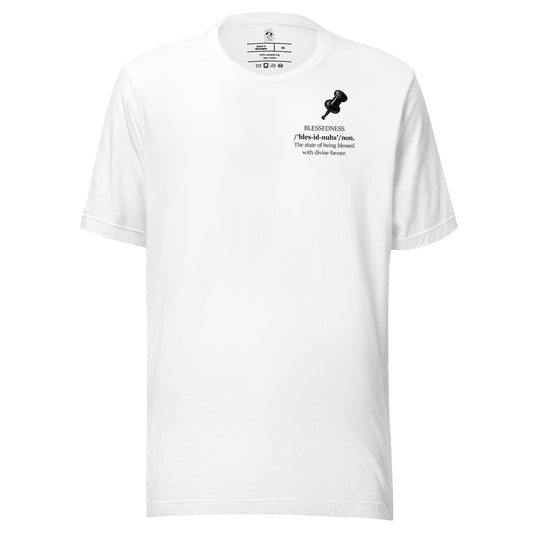 White unisex inspirational statement T-shirt featuring pushpin note graphic with the message “Blessedness – The state of being blessed with divine favour.”