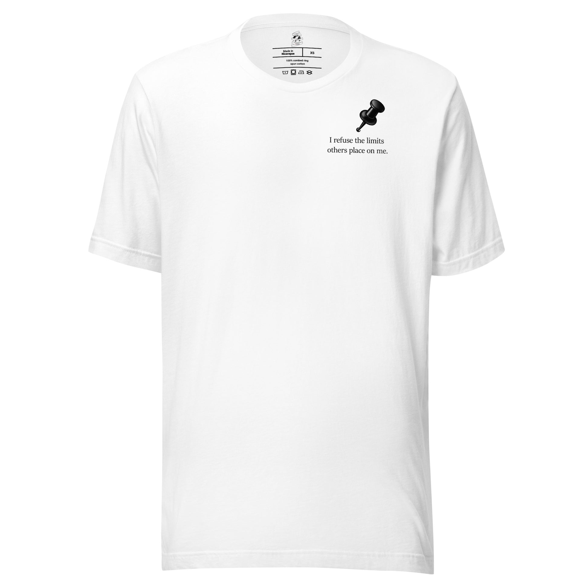White unisex inspirational statement T-shirt featuring pushpin graphic design with quote “I refuse the limits others place on me.”