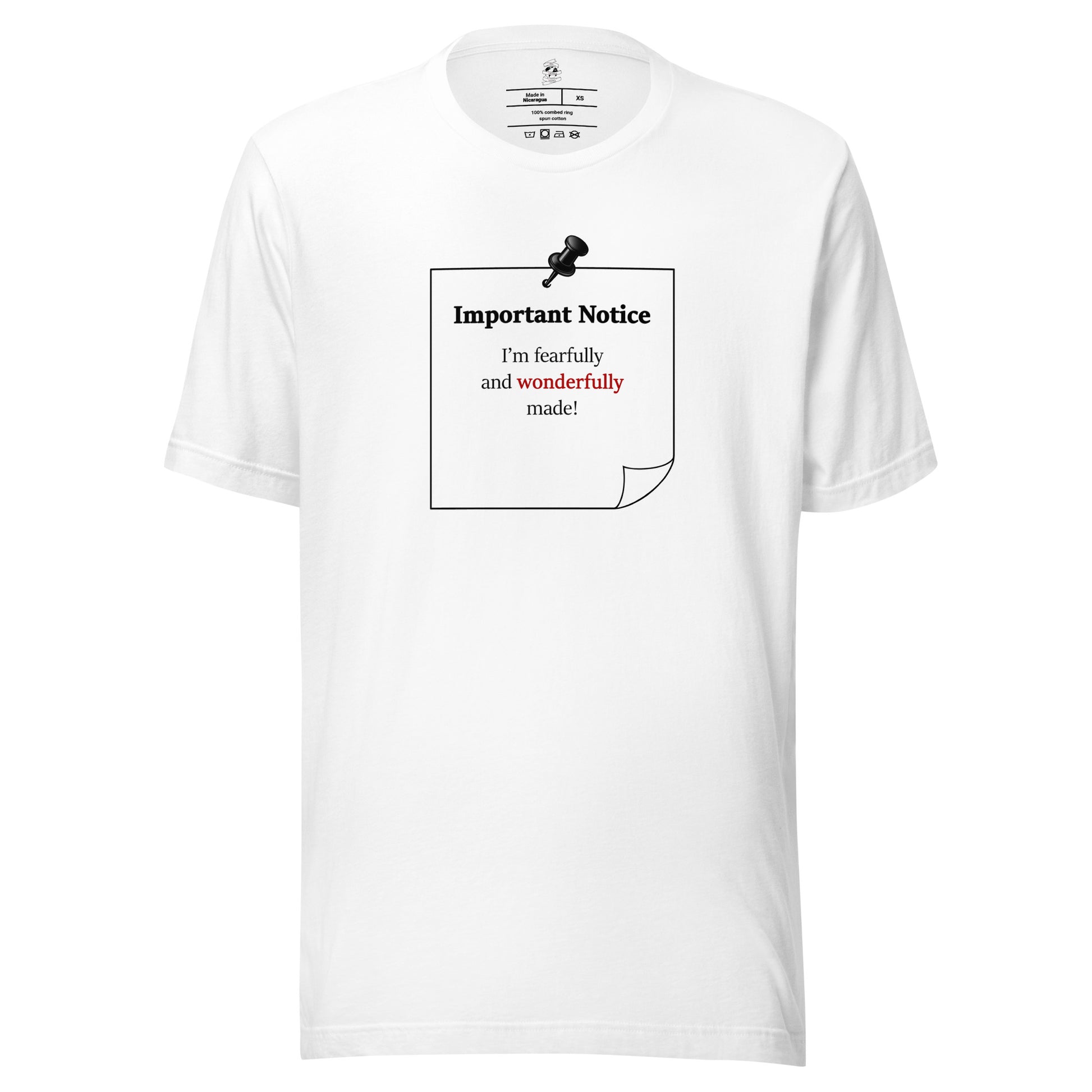 White unisex inspirational slogan T-shirt featuring pushpin graphic and pinned note with quote “I am fearfully and wonderfully made.”