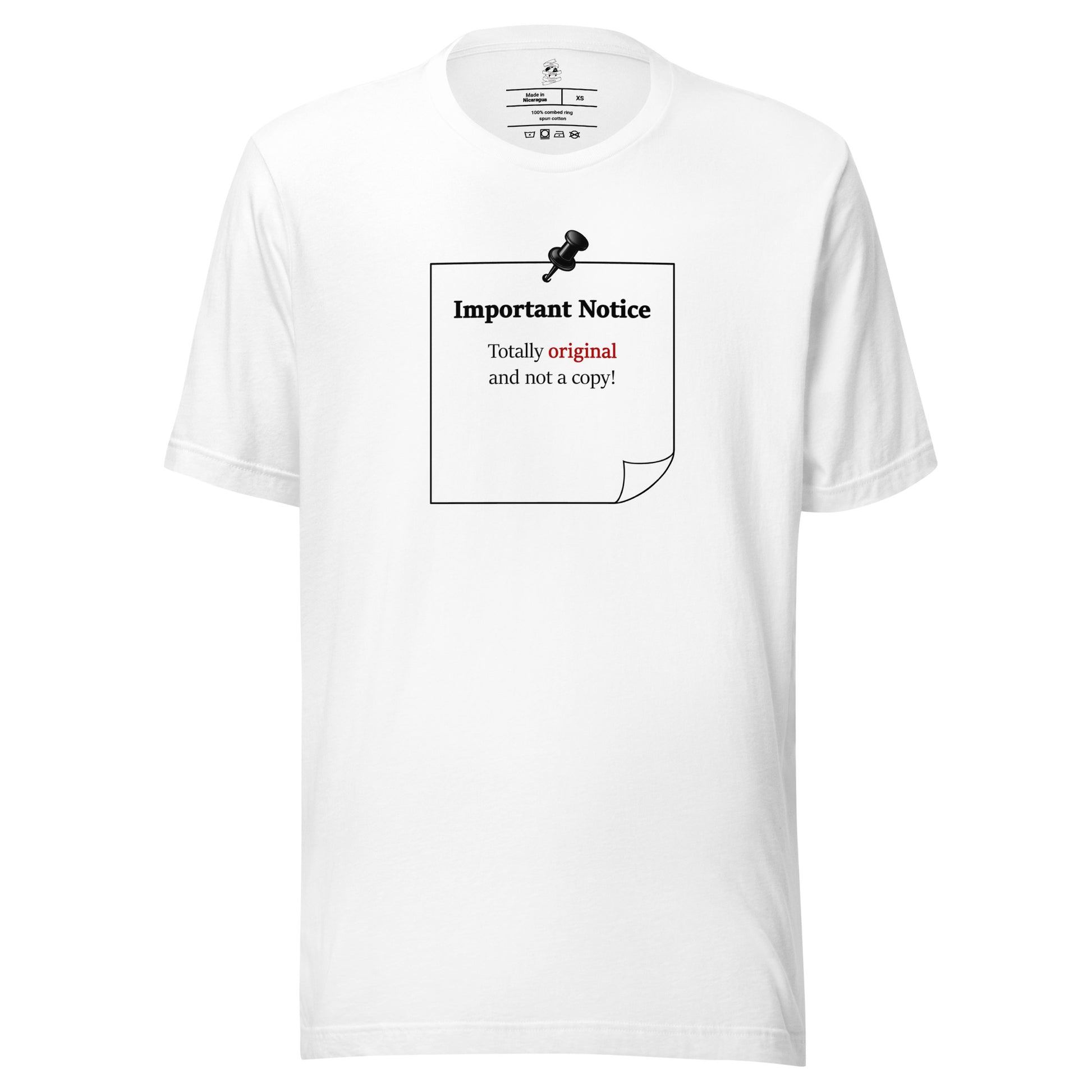 White unisex inspirational slogan T-shirt featuring pushpin graphic and pinned note with quote “Totally original and not a copy.” 
