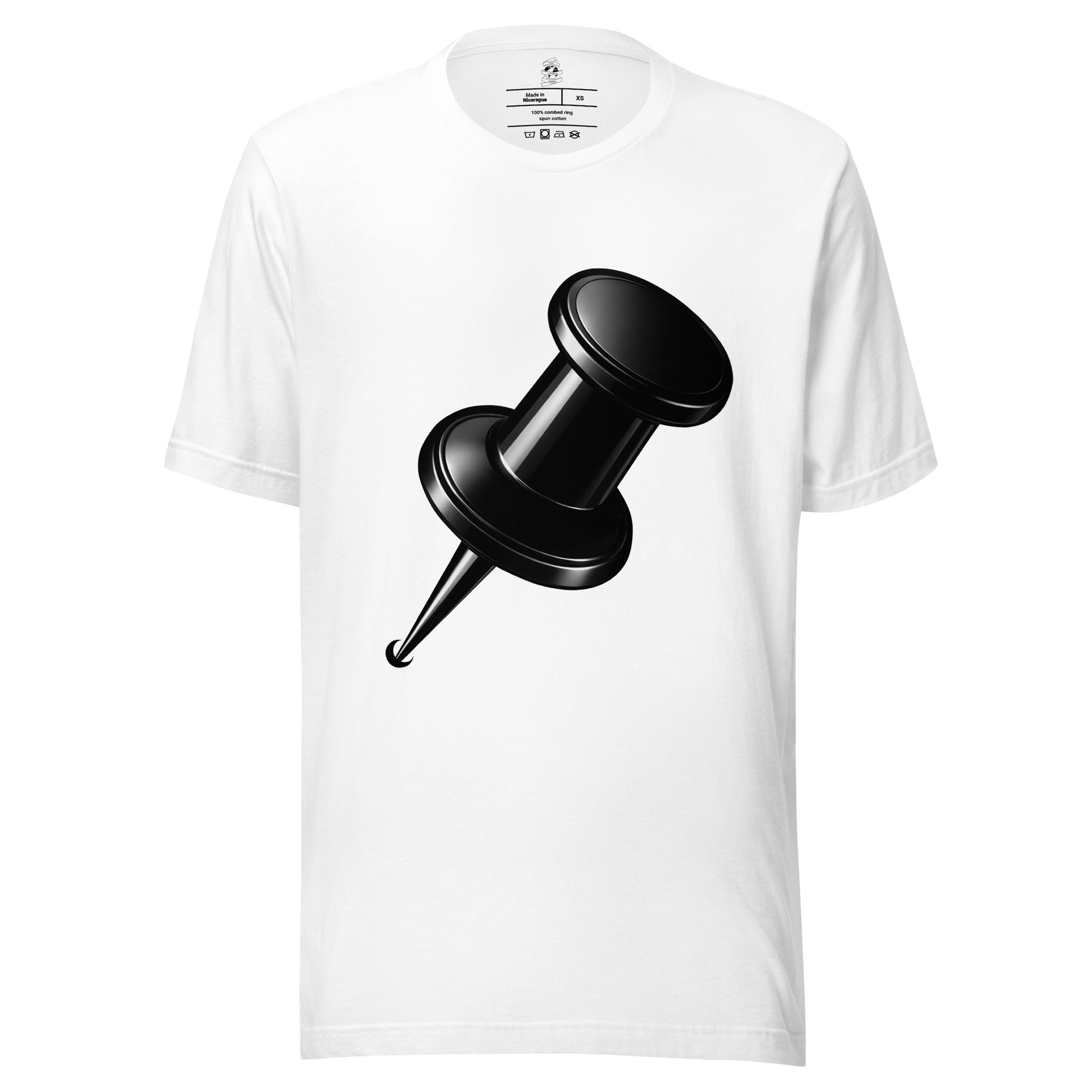 White unisex cotton crew neck t-shirt featuring a  black drawing pin graphic design centred on chest