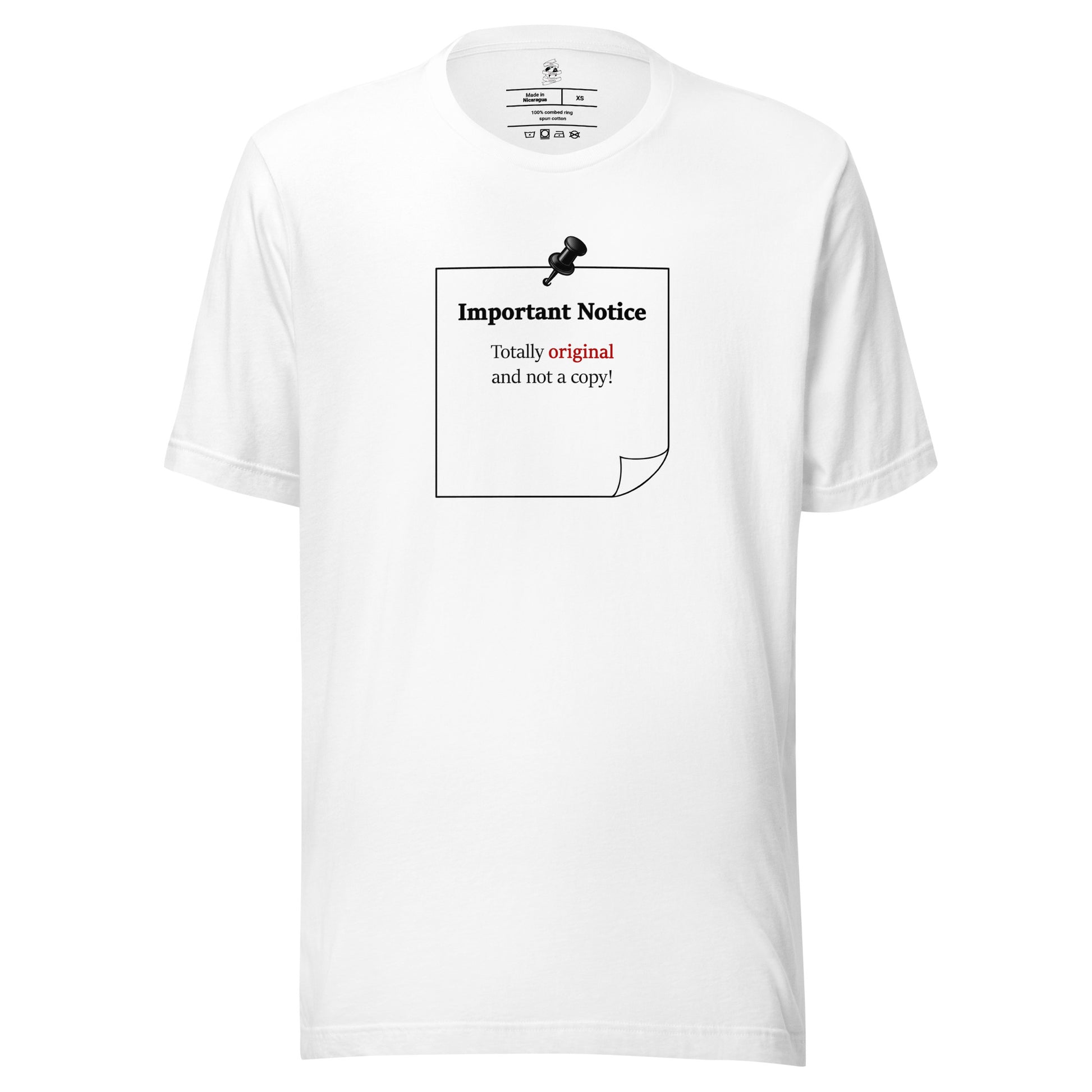 White unisex inspirational slogan T-shirt featuring pushpin graphic and pinned note with quote “Totally original and not a copy.”