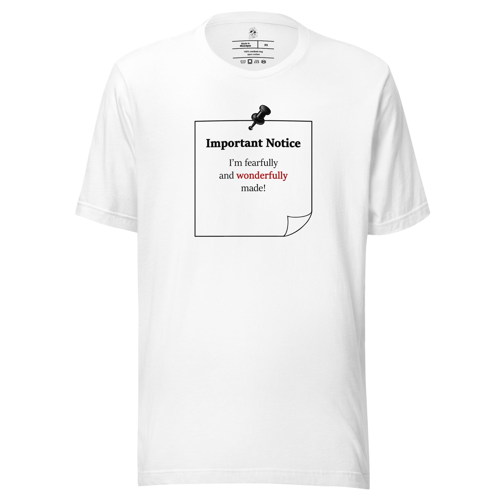 White unisex inspirational slogan T-shirt featuring pushpin graphic and pinned note with quote “I am fearfully and wonderfully made.”