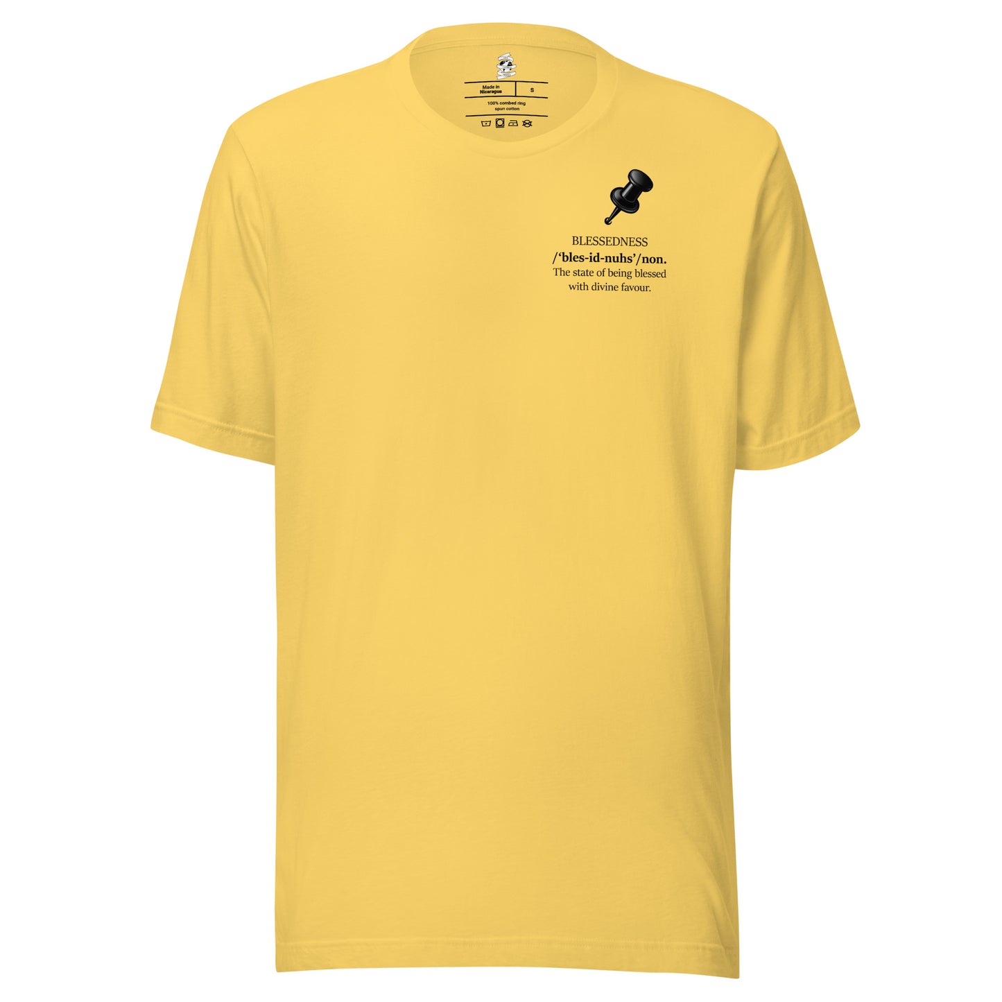 Yellow unisex inspirational statement T-shirt featuring pushpin note graphic with the message “Blessedness – The state of being blessed with divine favour.”