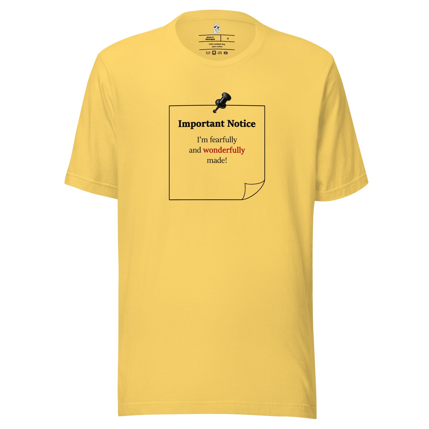 Yellow unisex inspirational slogan T-shirt featuring pushpin graphic and pinned note with quote “I am fearfully and wonderfully made.”