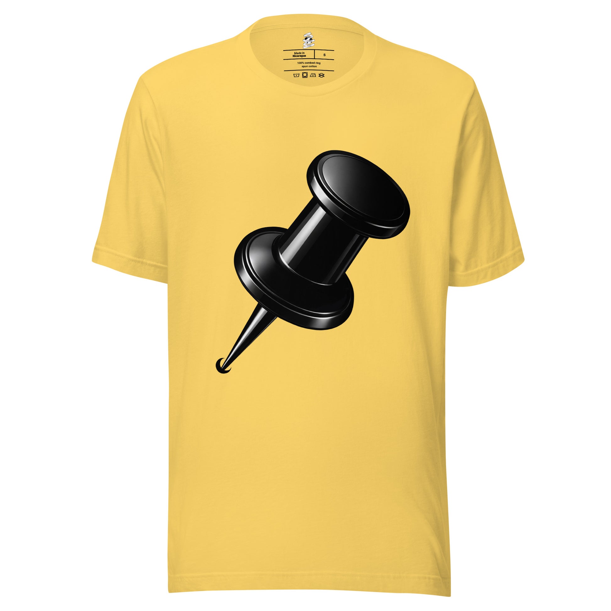 Yellow unisex cotton crew neck t-shirt featuring a  black drawing pin graphic design centred on chest