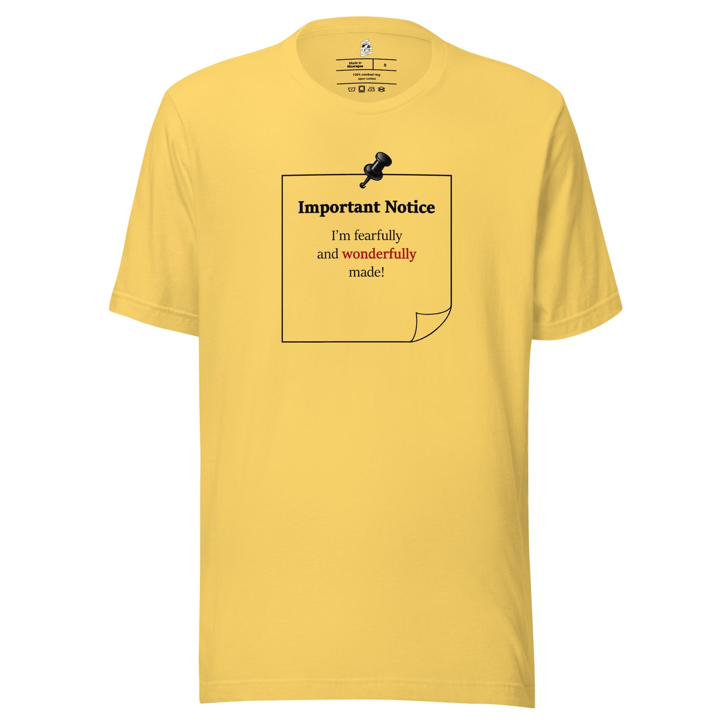 Yellow unisex inspirational slogan T-shirt featuring pushpin graphic and pinned note with quote “I am fearfully and wonderfully made.”