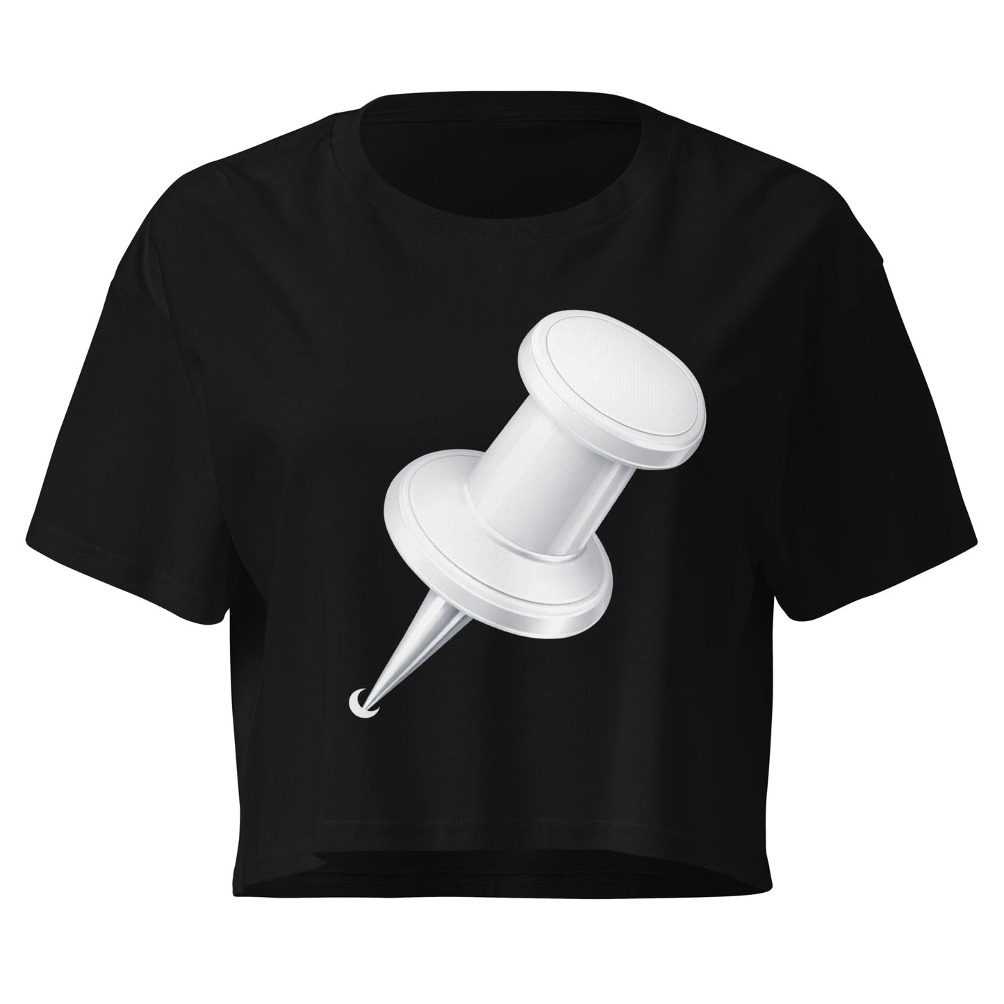Black women's crop top featuring a large white push pin graphic on the front.