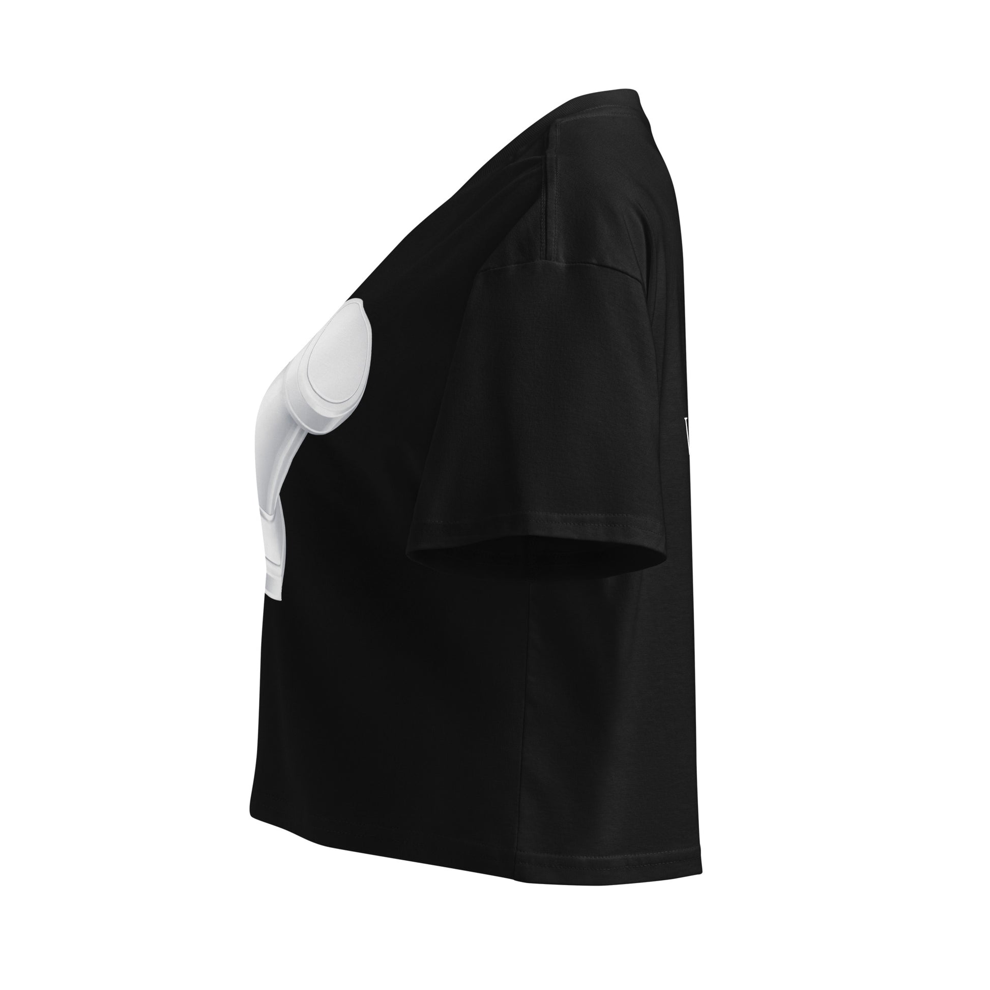 Left side view of black women's crop top featuring side view of push pin.