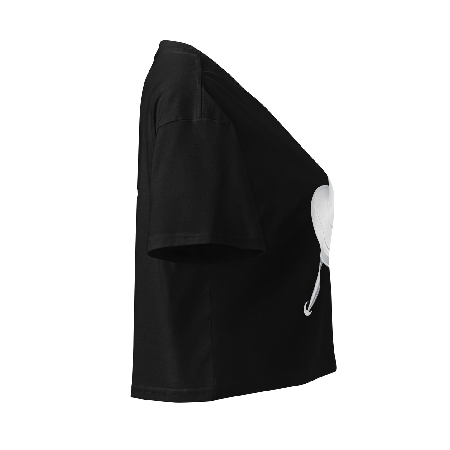 Right side view of black women's crop top featuring side view of push pin.
