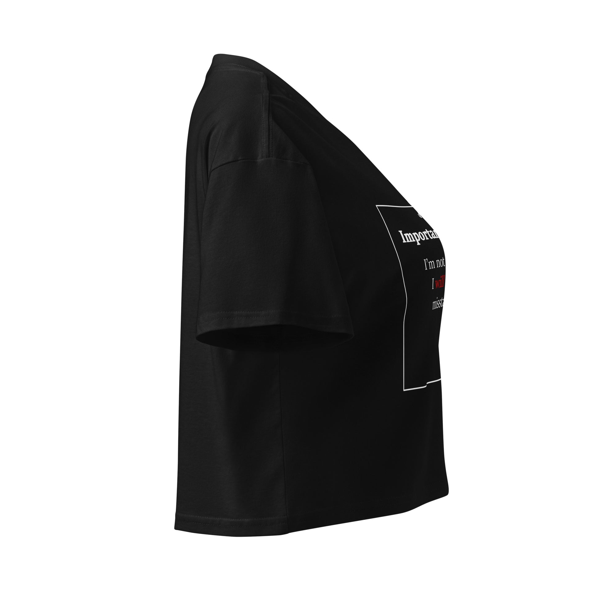 Women's crop top featuring right side view of  graphic design and statement.
