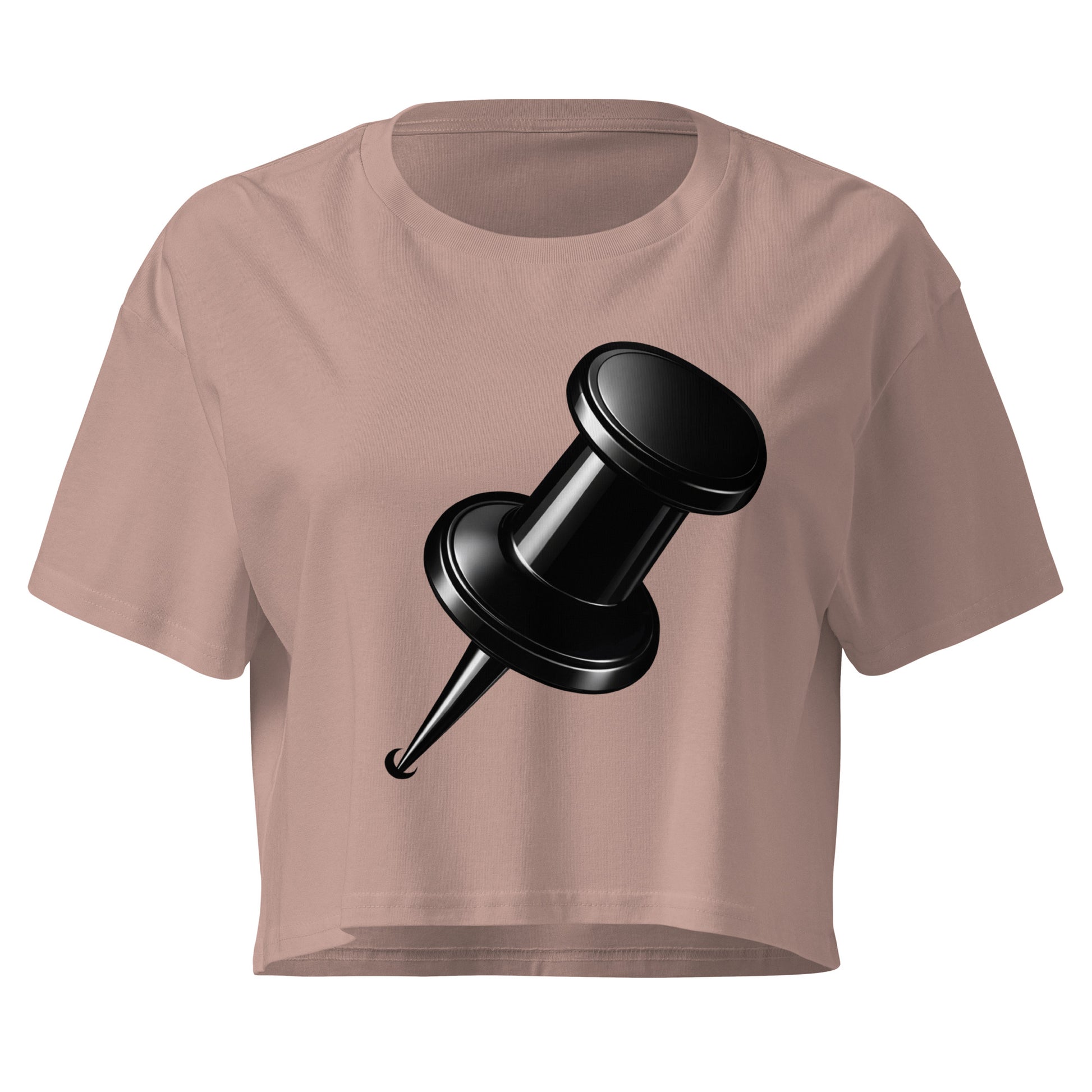 Hazy pink  women's crop top featuring a large black push pin graphic centred on the front in a minimalist design