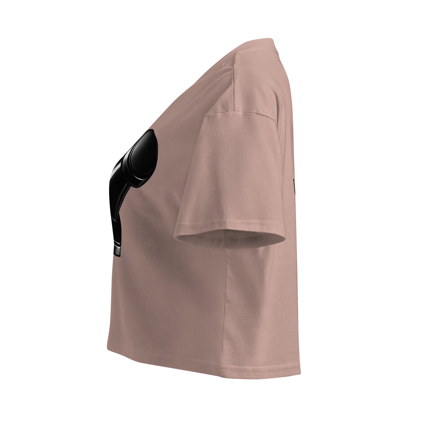 Left side view of hazy pink women's cotton crop top featuring a side view of a black push pin graphic.