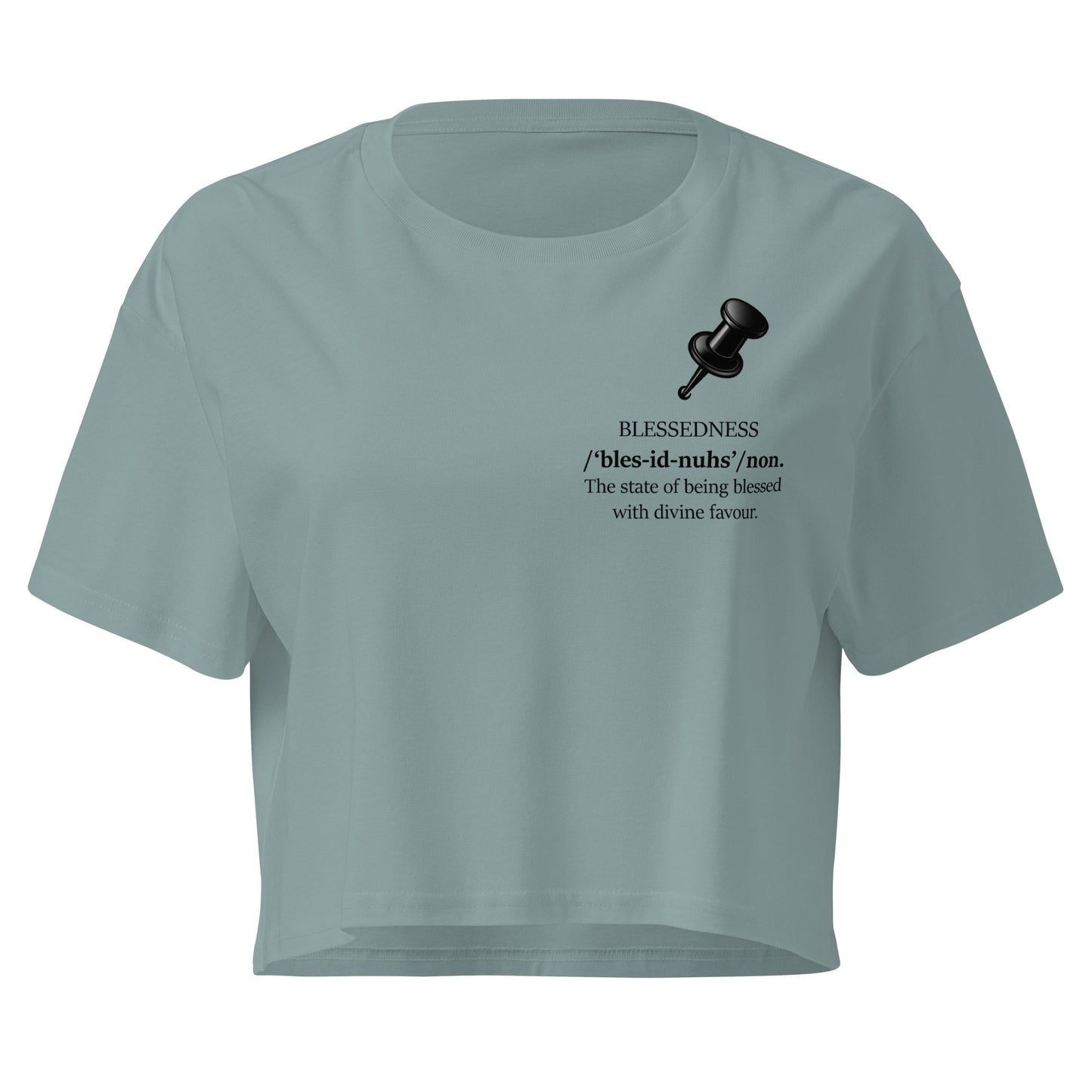 Mineral women's crop top featuring the statement “BLESSEDNESS /'bles-id-nuhs'/ noun” with push pin graphic design