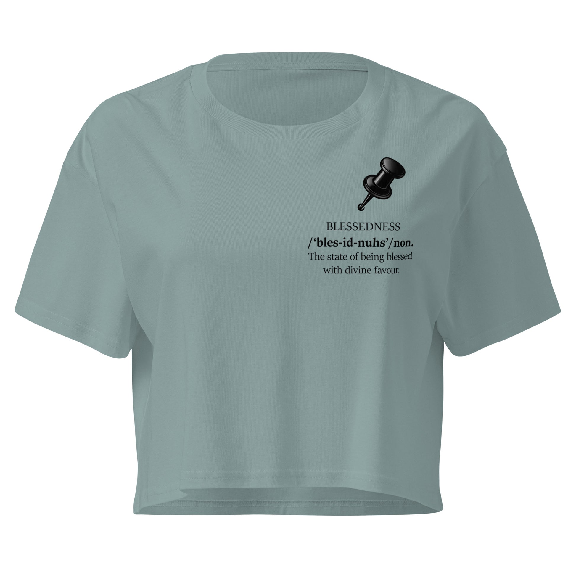 Mineral women's crop top featuring the statement “BLESSEDNESS /'bles-id-nuhs'/ noun” with push pin graphic design