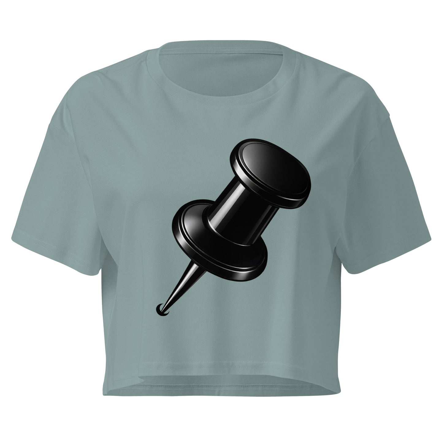 Mineral colour women's crop top featuring a large black push pin graphic centred on the front in a minimalist design