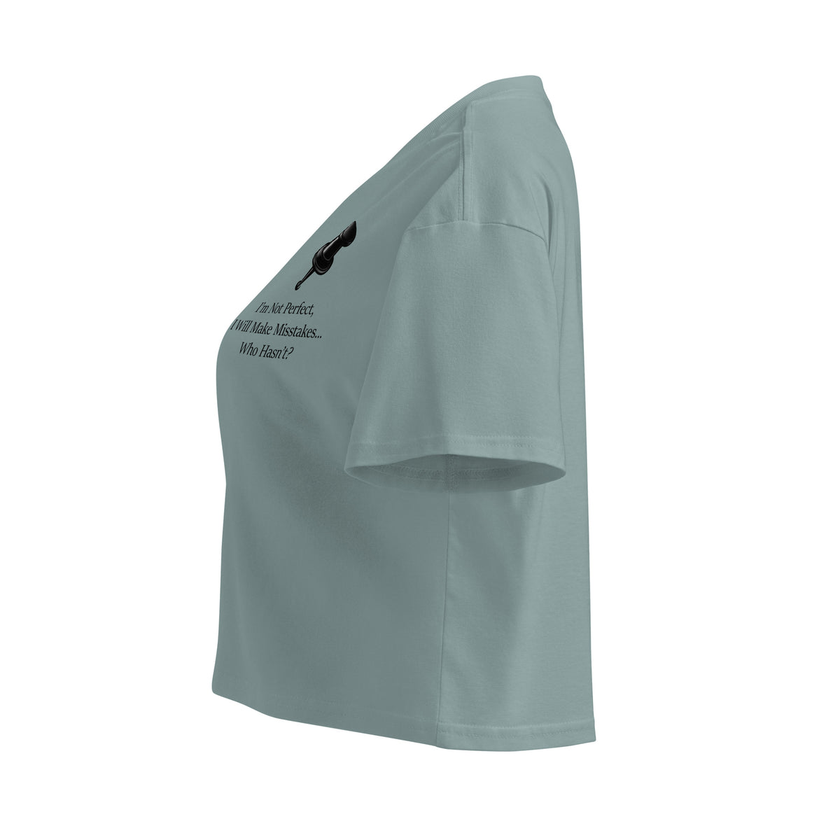 Left side view mineral women's cotton crop top featuring a black  push pin affirmation design.