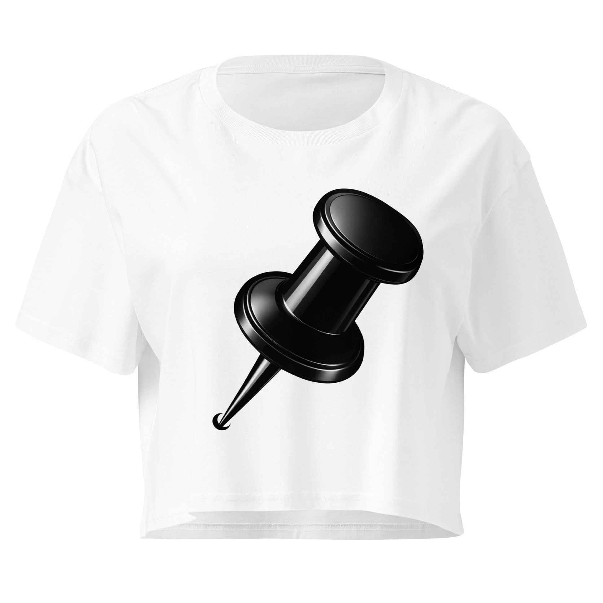white women's crop top featuring a large black push pin graphic centred on the front in a minimalist design