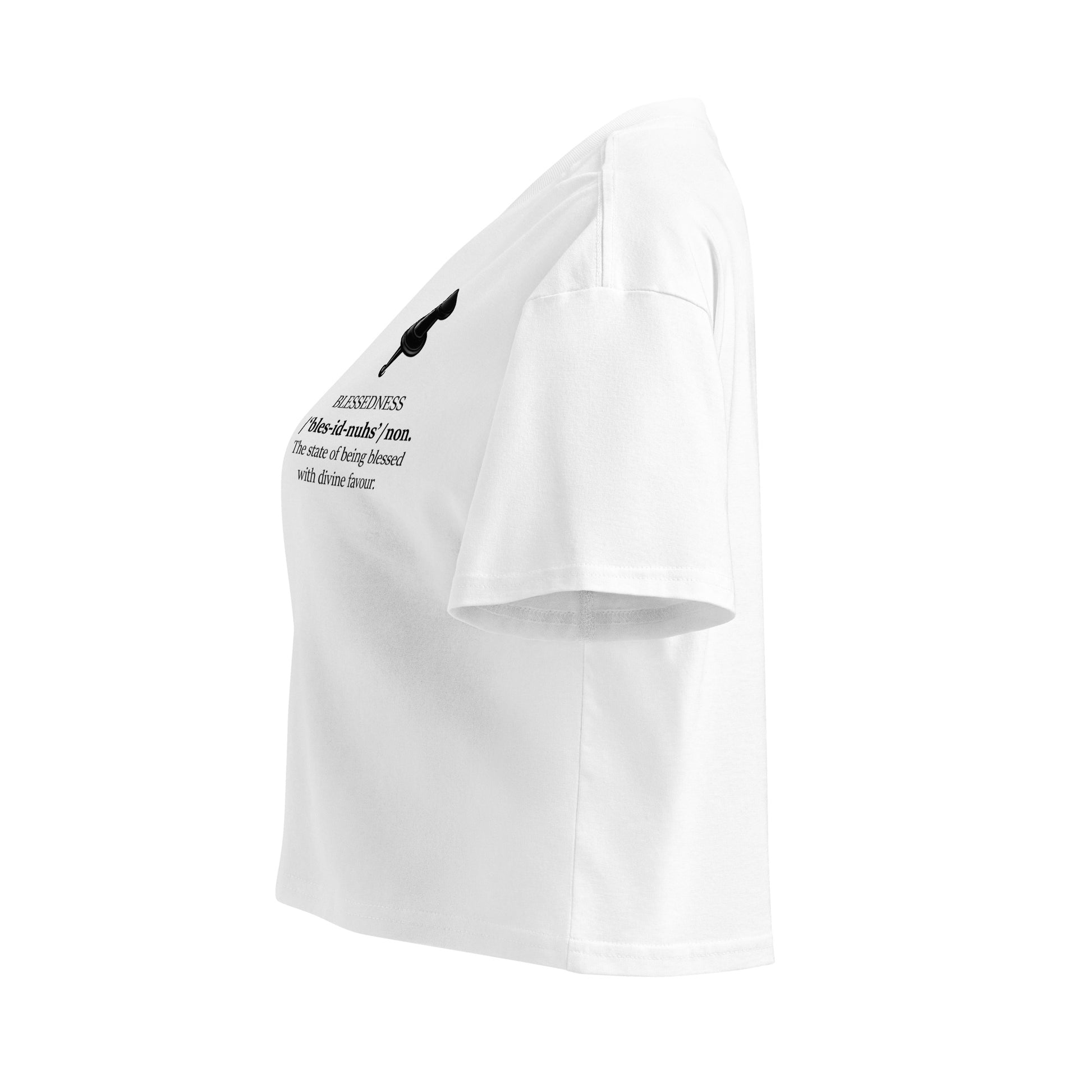 Left side view of white women's cotton crop top featuring the BLESSEDNESS inspirational statement graphic