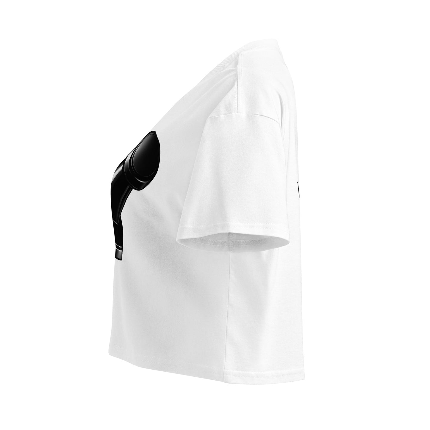 Left side view of white women's cotton crop top featuring a side view of a black push pin graphic.