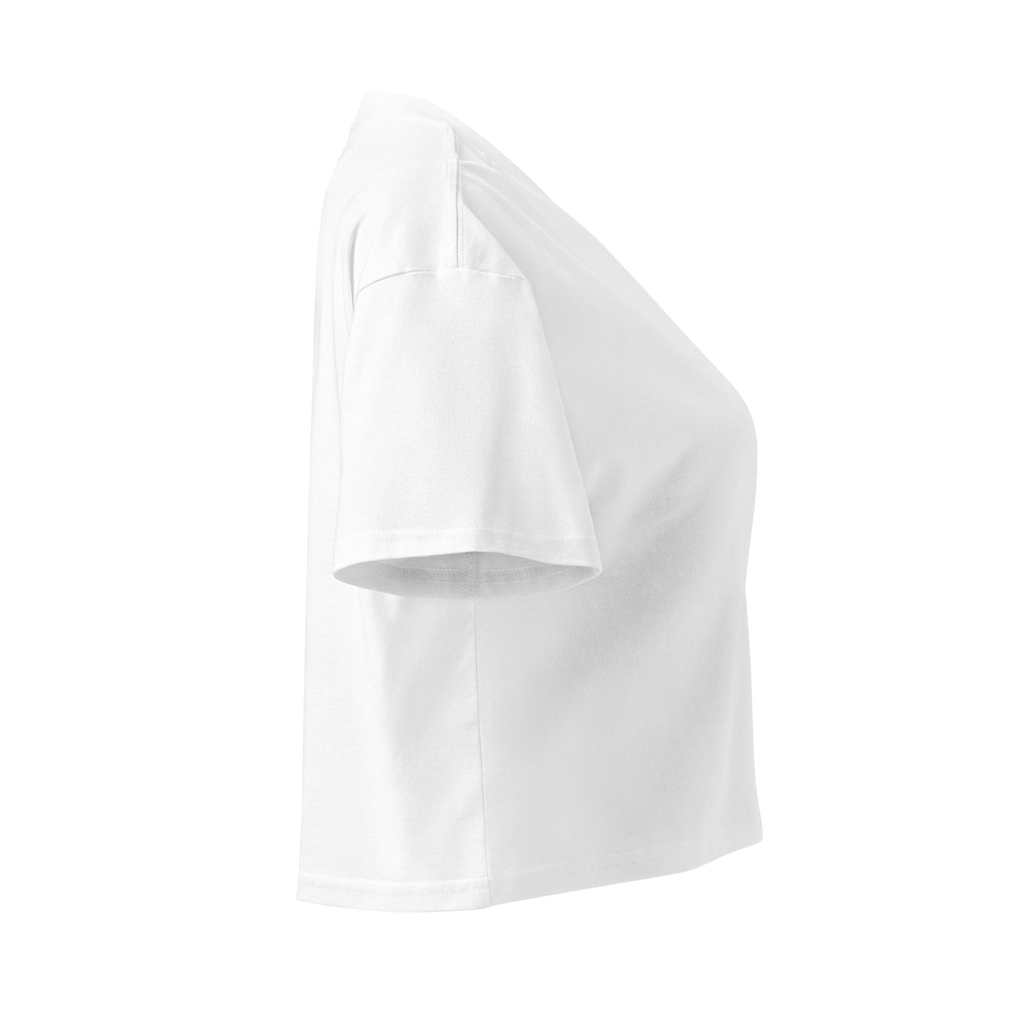 Right side view of women's white crop  top with white background.