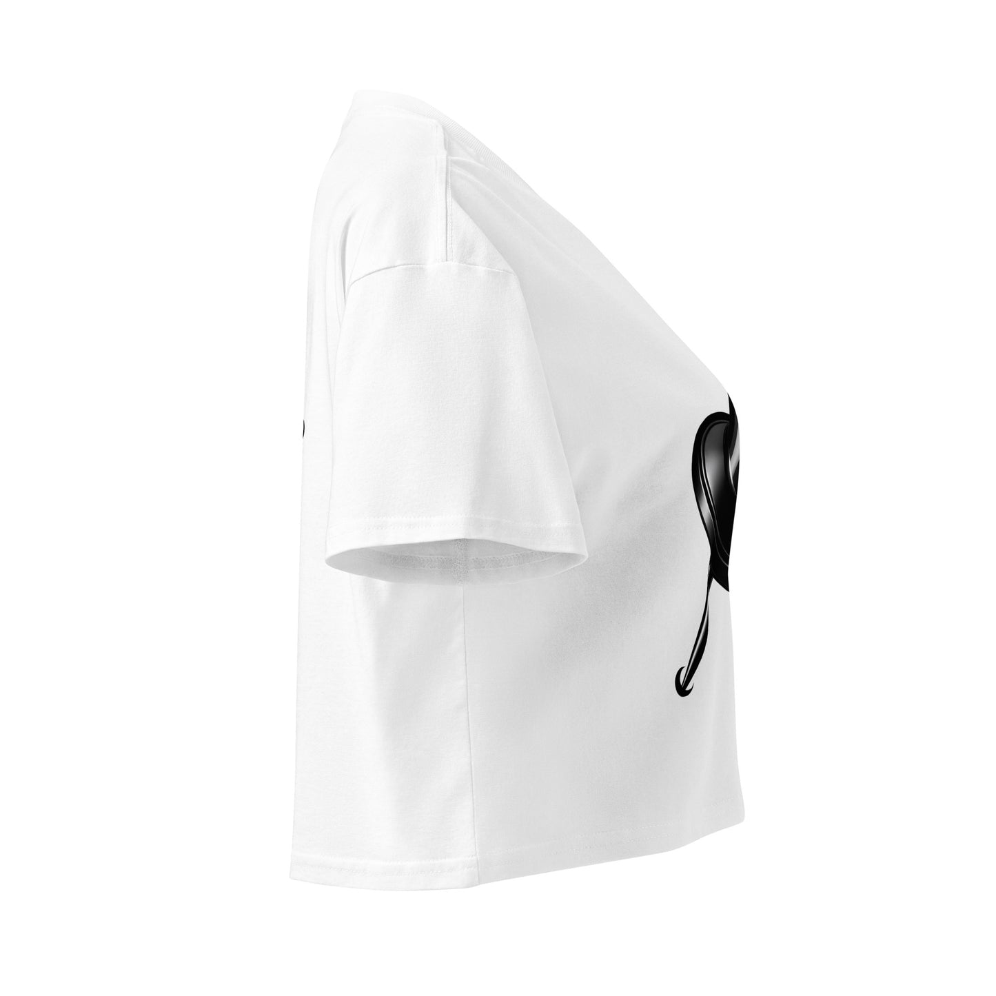 Left side view of white women's cotton crop top featuring a side view of a black push pin graphic.