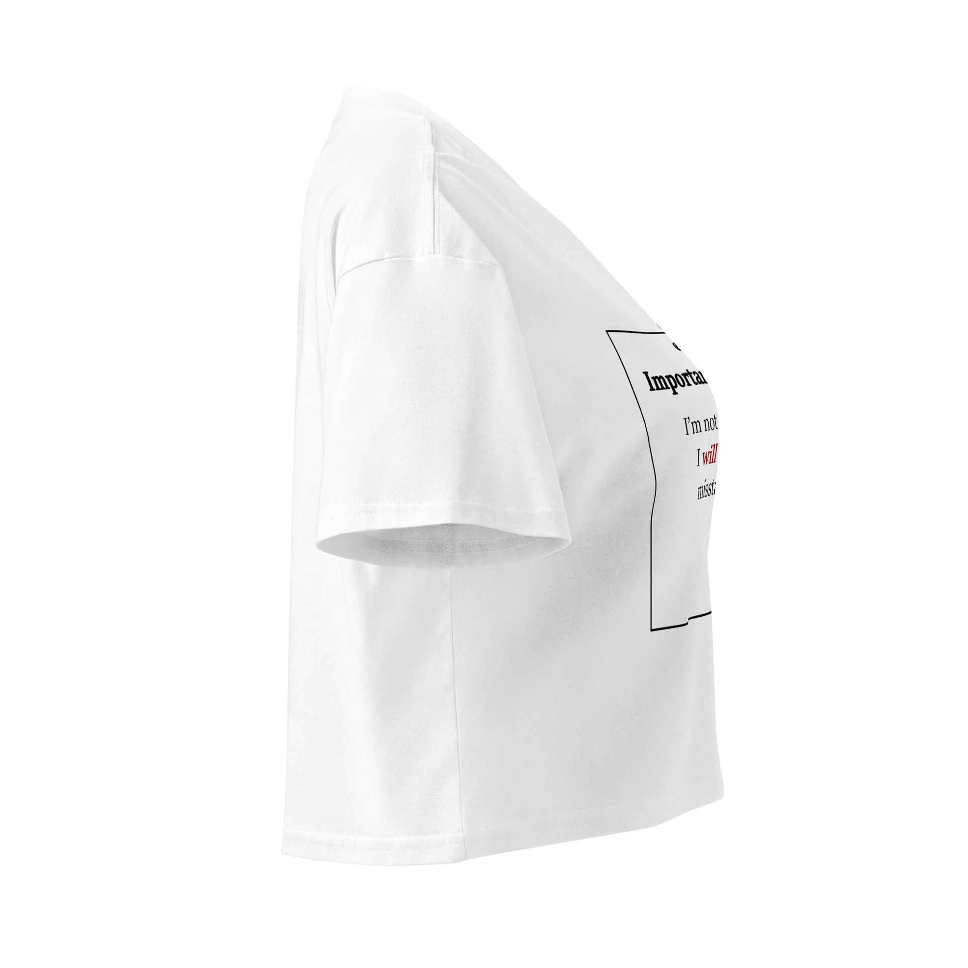 Right side view of white women's cropped cotton t-shirt featuring a black note and push pin graphic with inspirational message