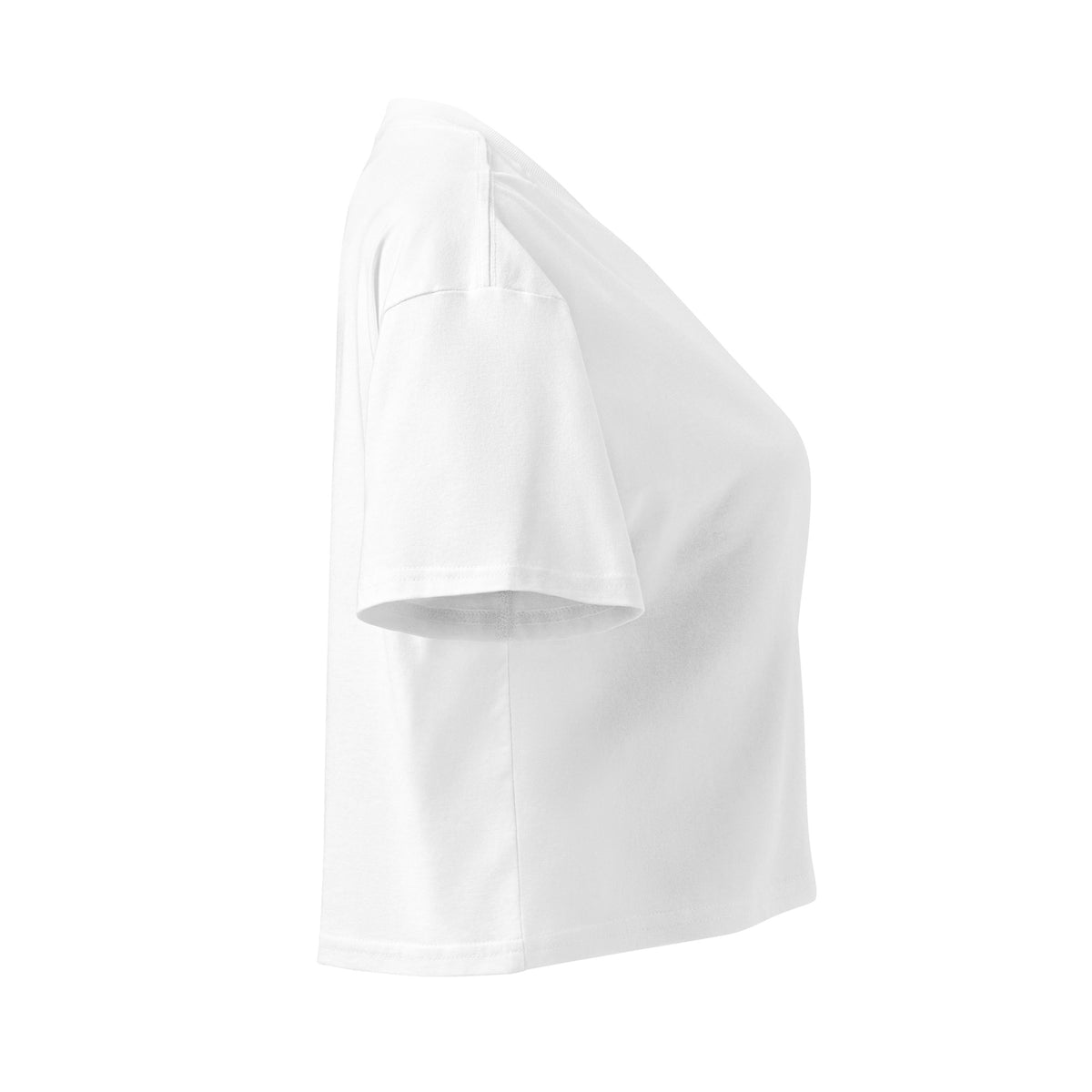 Right side view of white women's inspirational cropped cotton t-shirt.