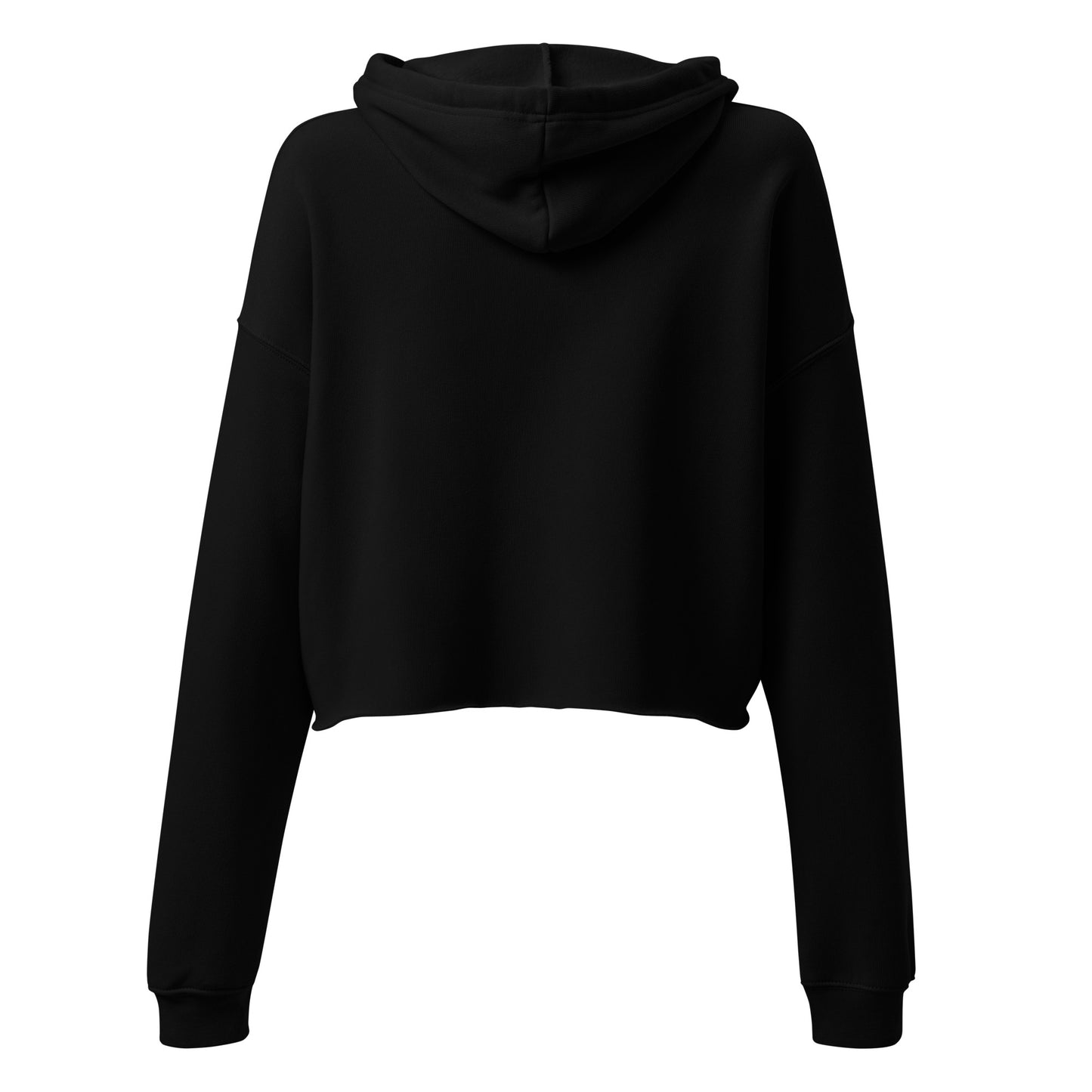 Cropped black hoodie rear view featuring relaxed fit and raw hem