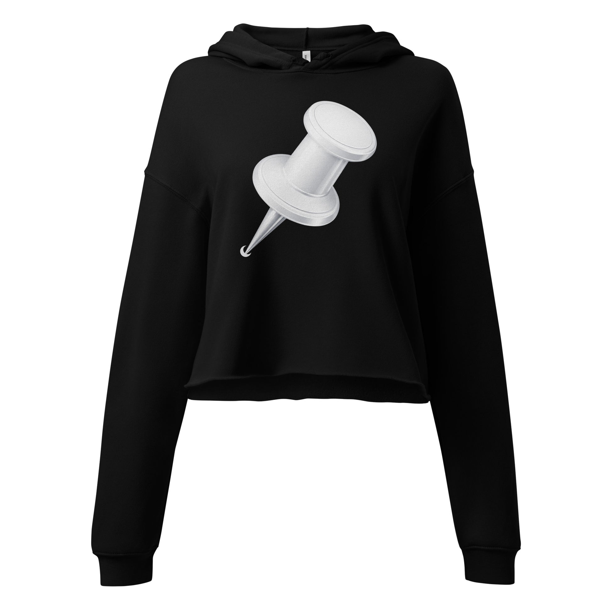 Ladies cropped black hoodie featuring oversized push pin design on front