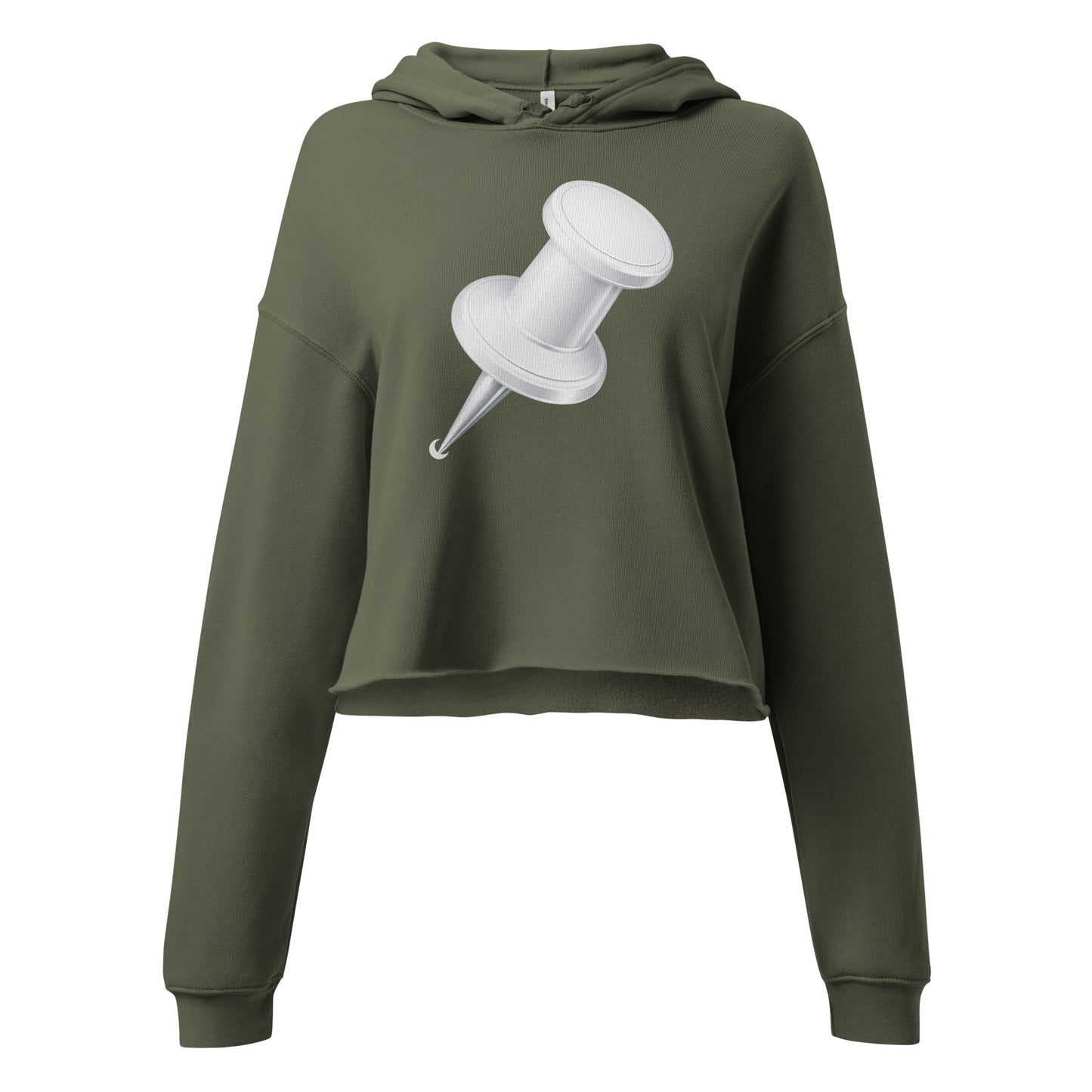 Ladies cropped military green hoodie featuring oversized push pin design on front