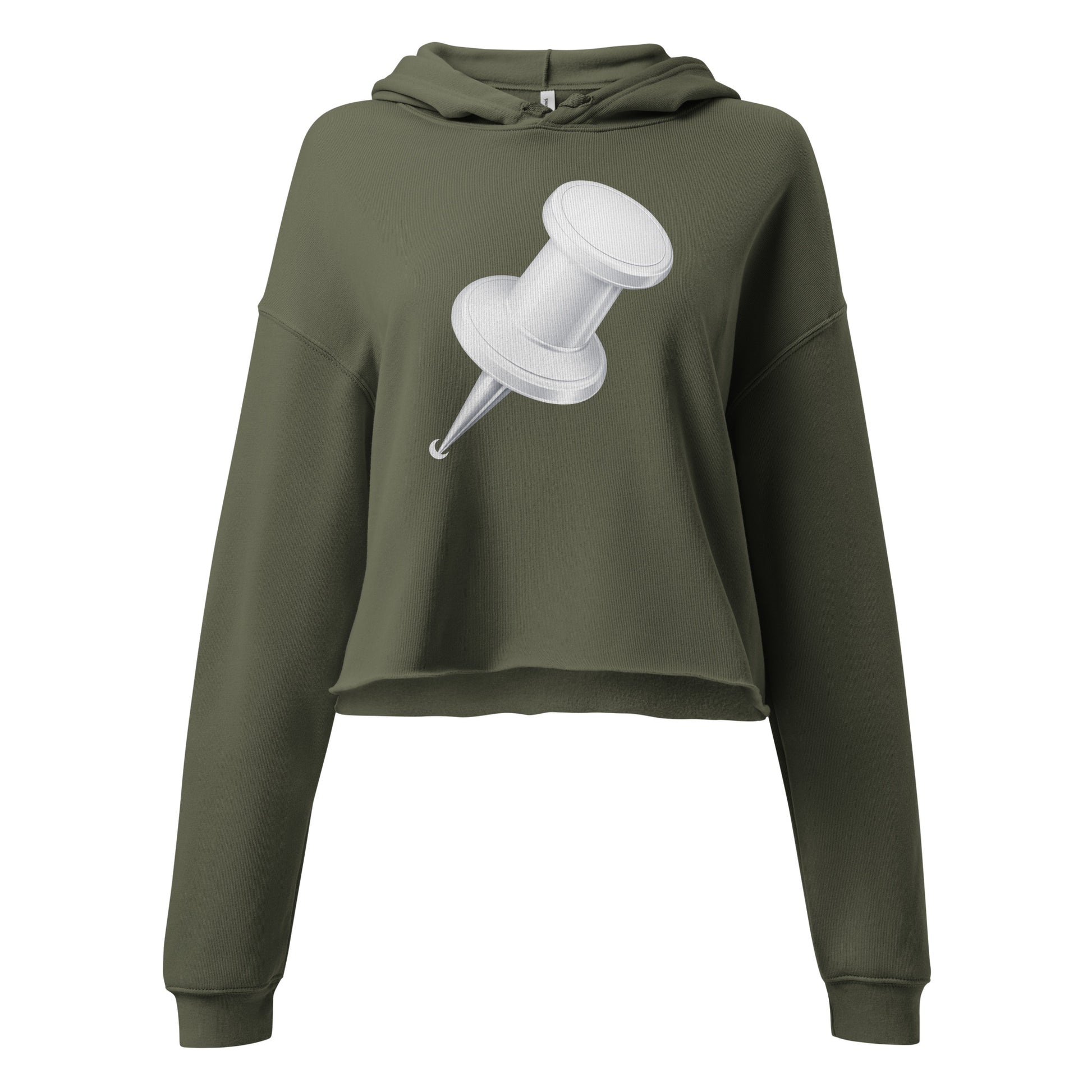 Ladies cropped military green hoodie featuring oversized push pin design on front