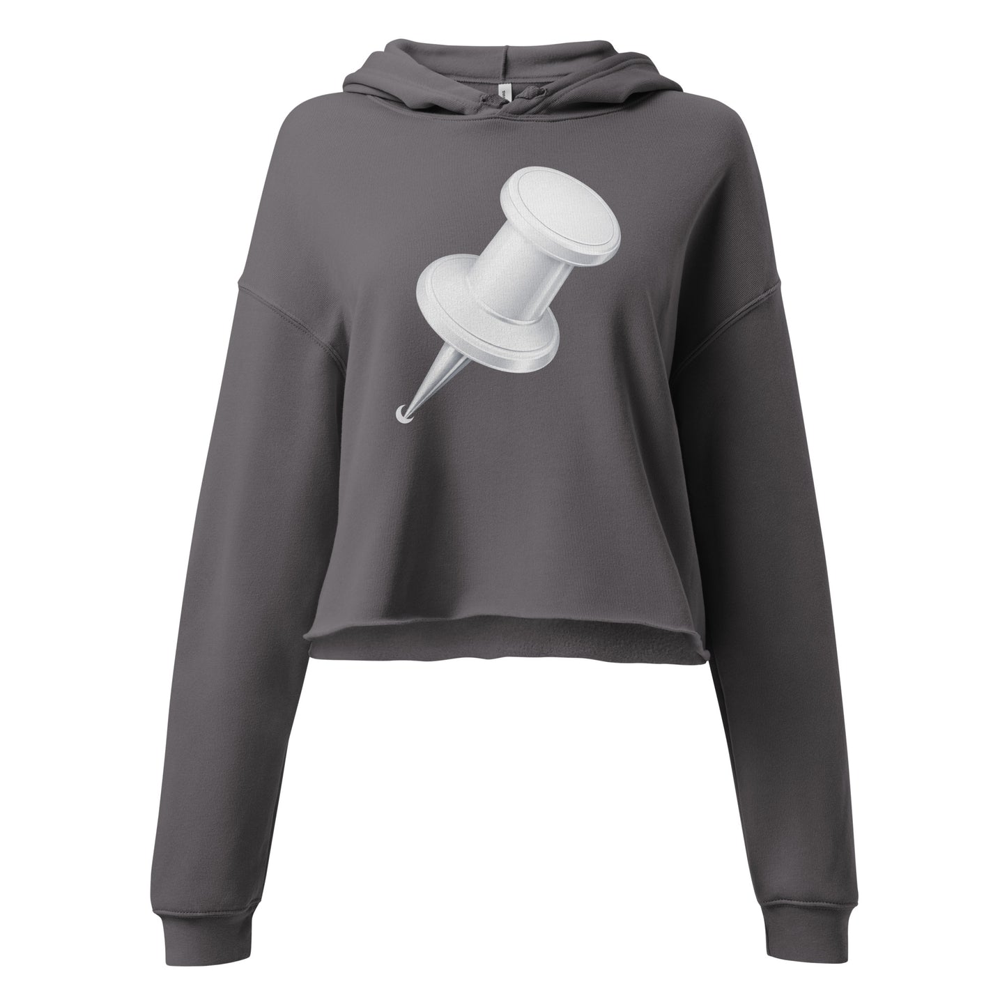Ladies cropped storm hoodie featuring oversized push pin design on front