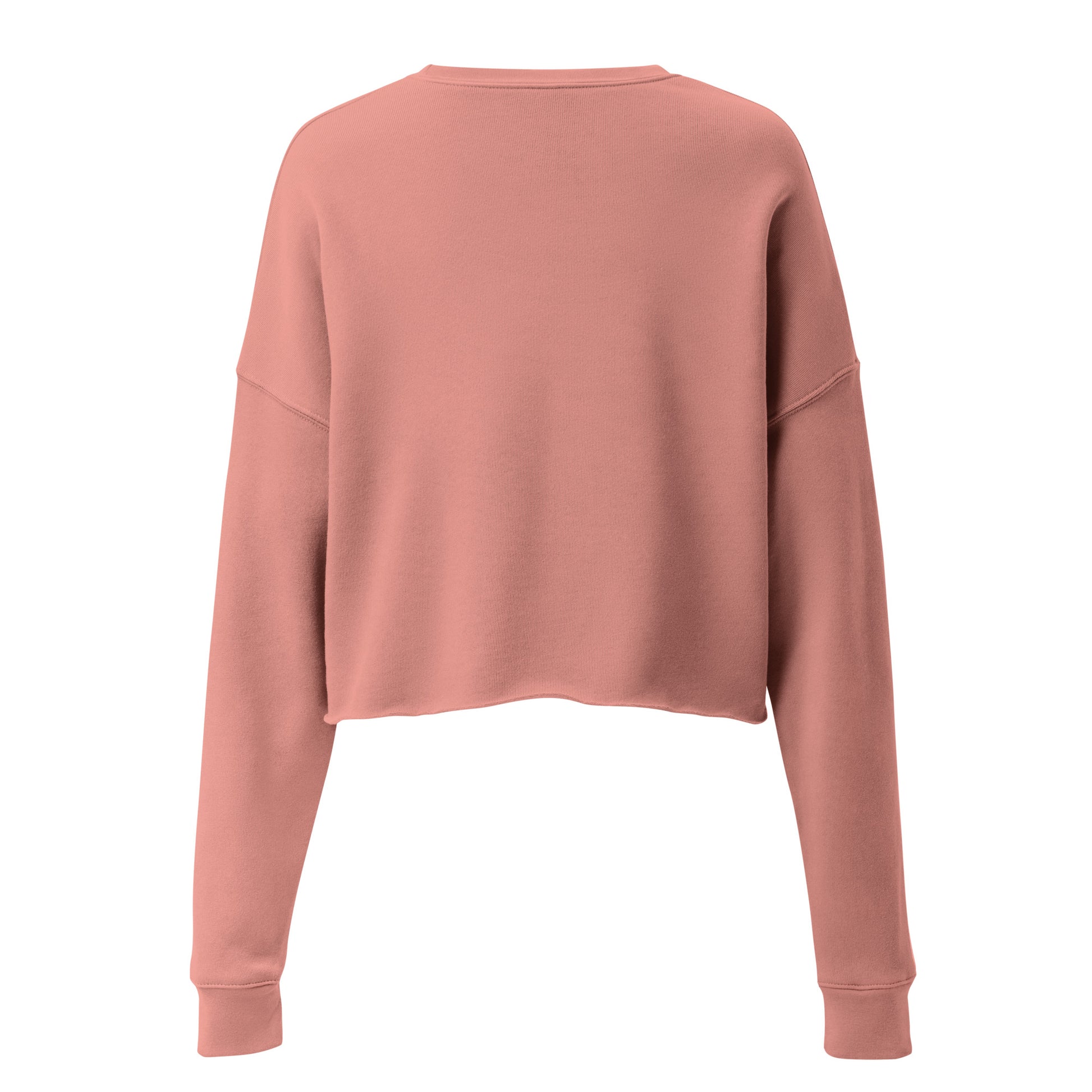 The back view of a woman’s cropped fleece mauve sweatshirt jumper.